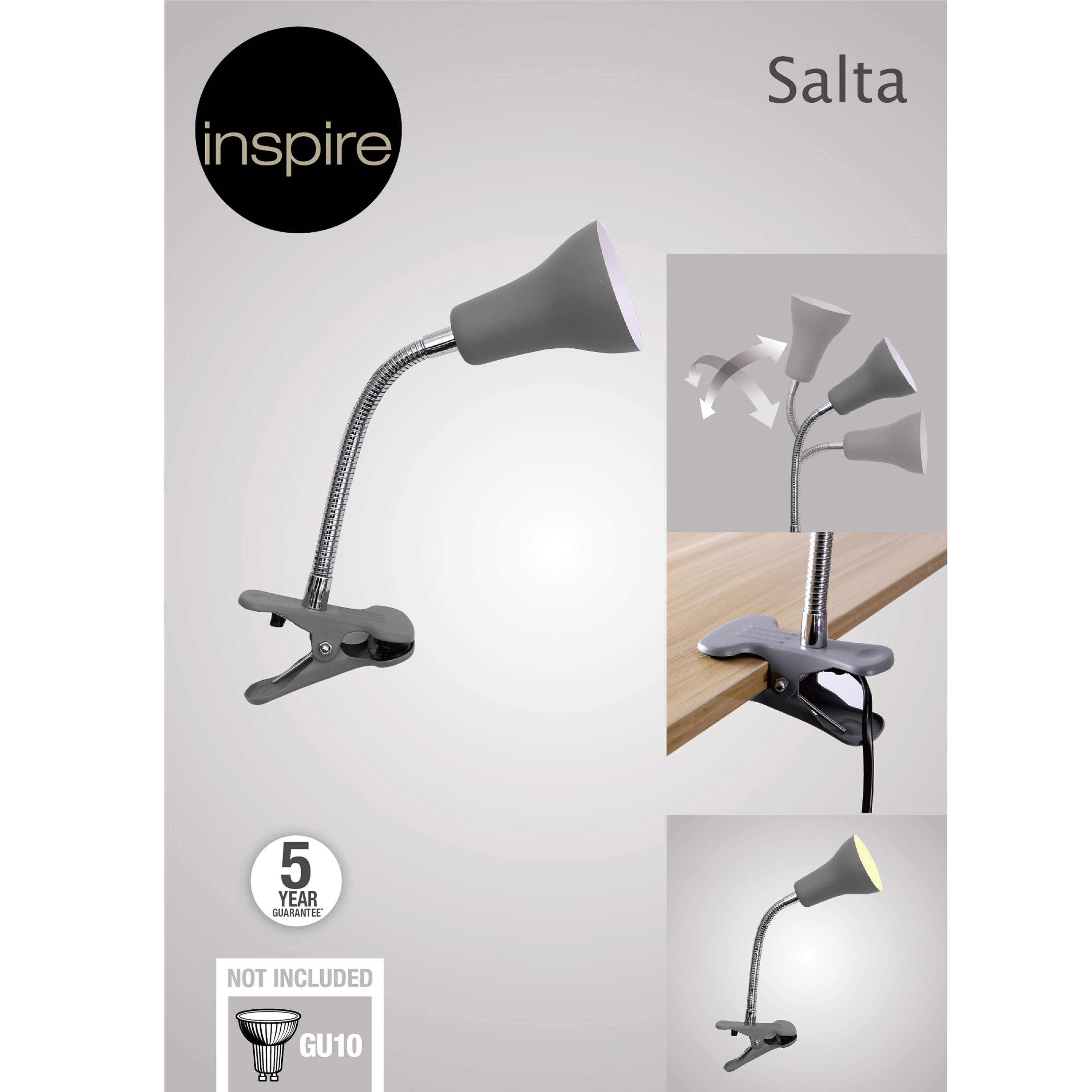 Lampe de bureau à pince Salta, acier, gris, H.20 cm INSPIRE, GU10 - 6