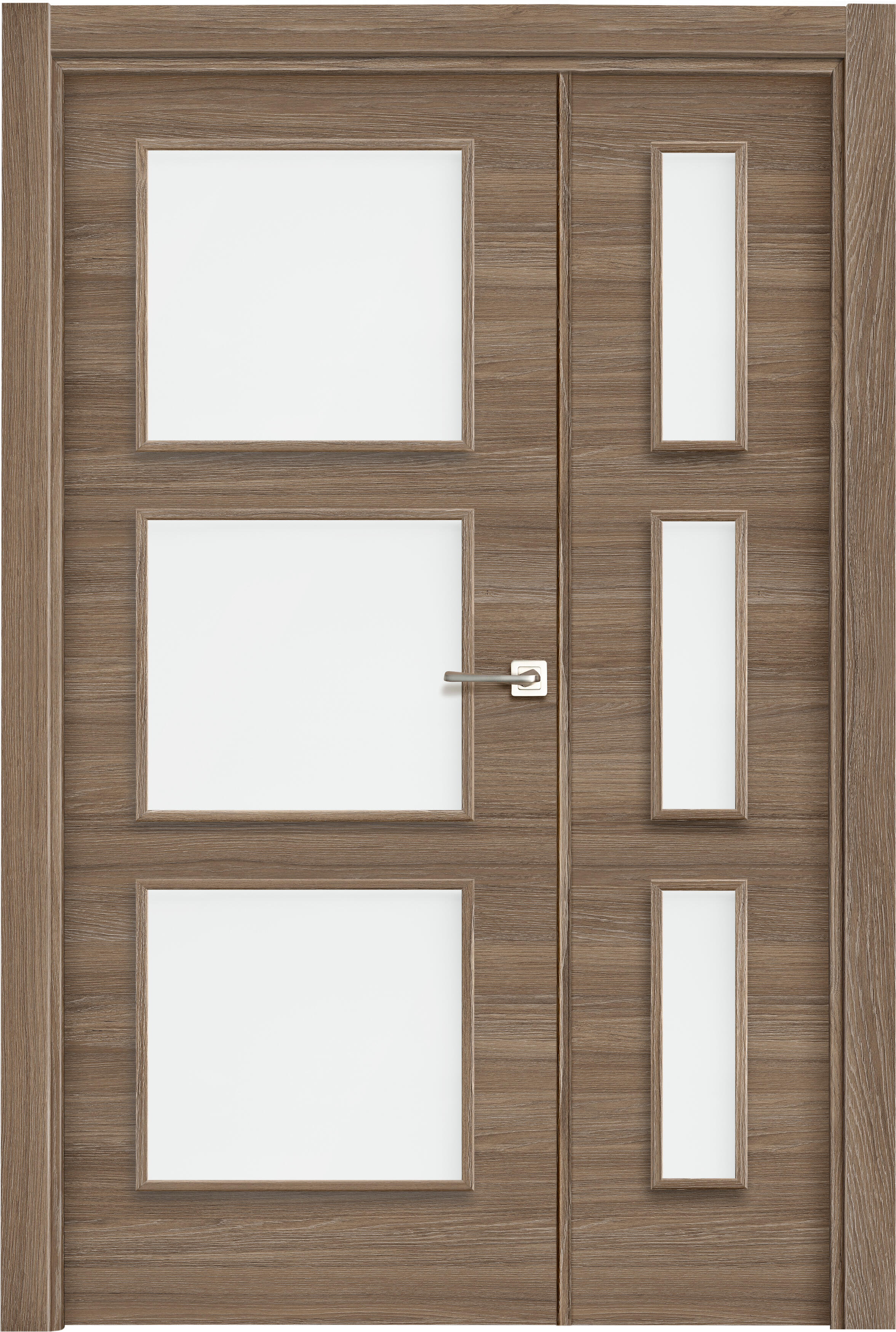 Puerta de interior abatible doble vidriera con fijo con cristal incluido estructura maciza acabado laminado serie line oslo coffe nogal apertura izquierda cerco de 70 x 30 anchura 115 cm