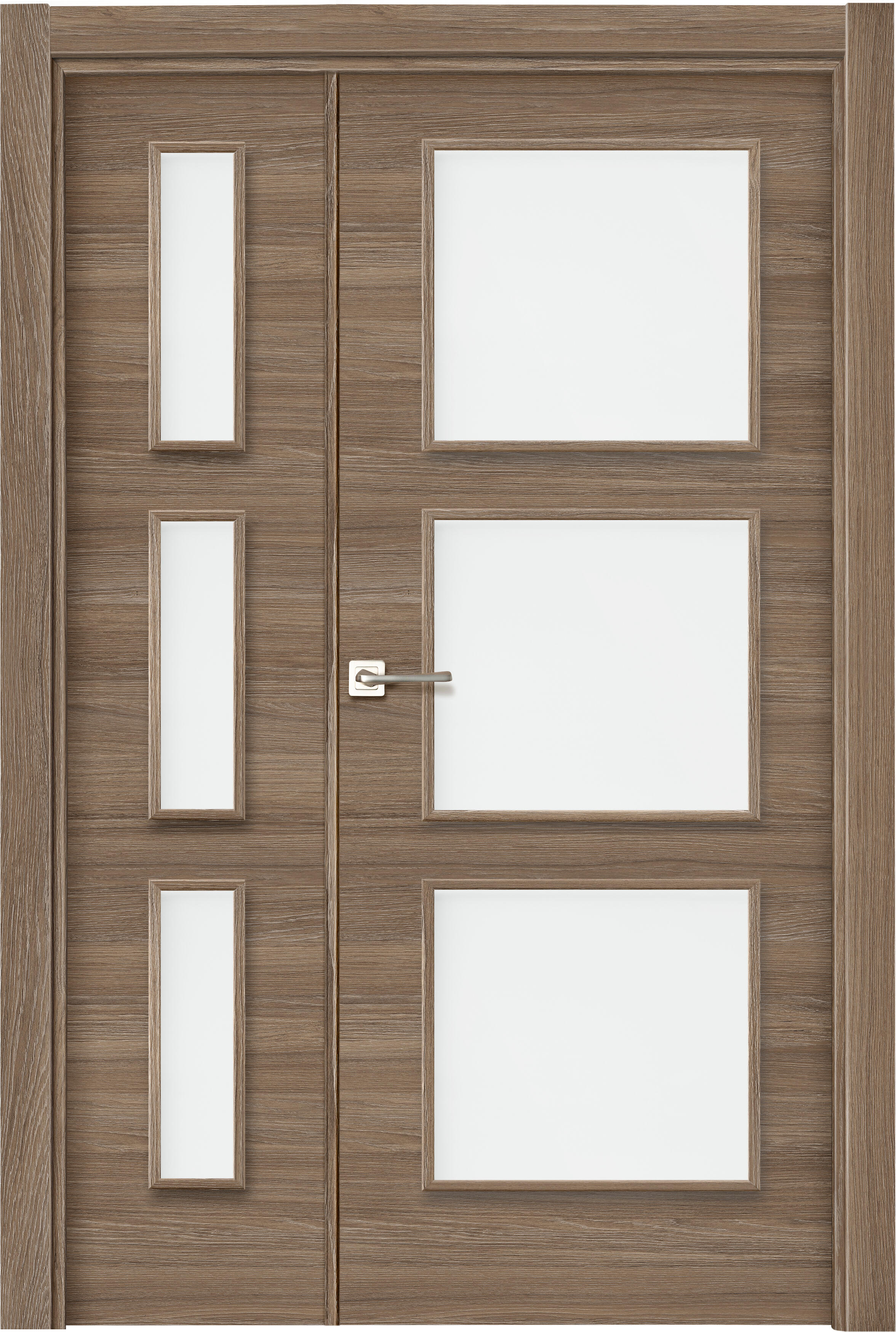 Puerta de interior abatible doble vidriera con fijo con cristal incluido estructura maciza acabado laminado serie line oslo coffe nogal apertura derecha cerco de 70 x 30 anchura 125 cm