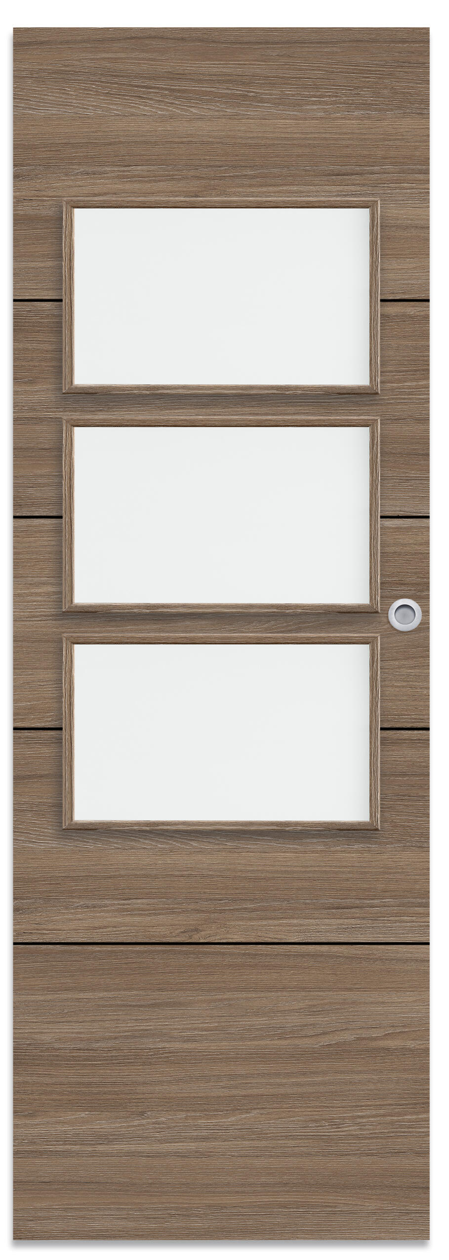 Puerta de interior corredera con cristal incluido estructura maciza serie line berna coffe nogal acabado laminado con uñero anchura 82,5cm