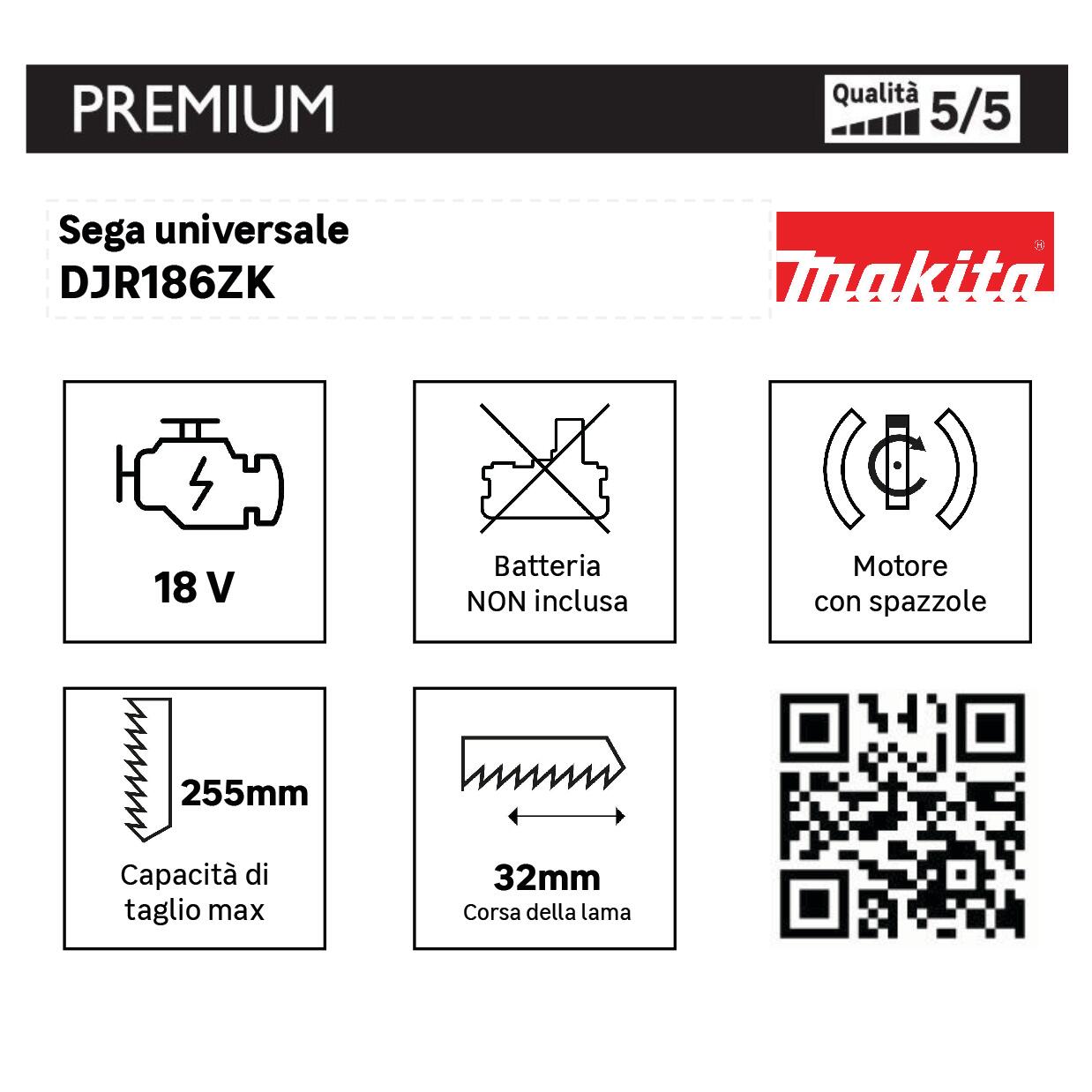 Sega A Sciabola Senza Batteria | Compatibile Makita 18V | 8 Lame + Accessori | Velocità Variabile