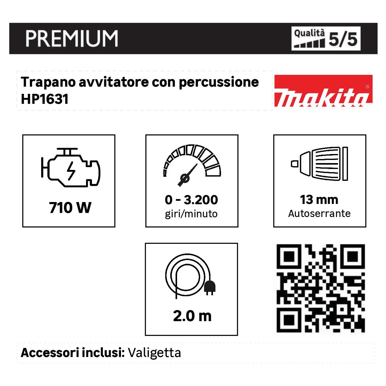 Trapano a percussione a filo MAKITA HP1631  3200 giri/min - 2