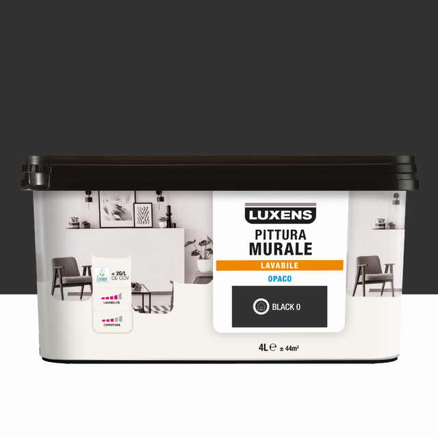 Pittura per interni per parete e soffitto lavabile, LUXENS murale nero black opaco, 4 L