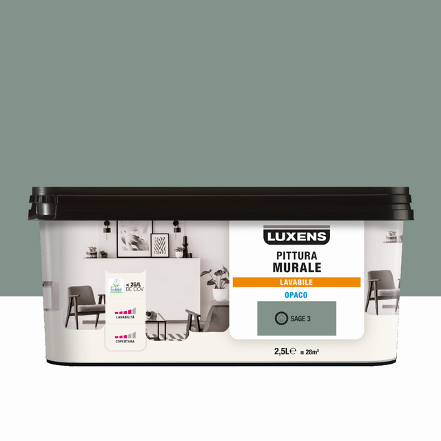Pittura per interni per parete e soffitto lavabile, LUXENS murale verde sage 3 opaco, 2.5 L