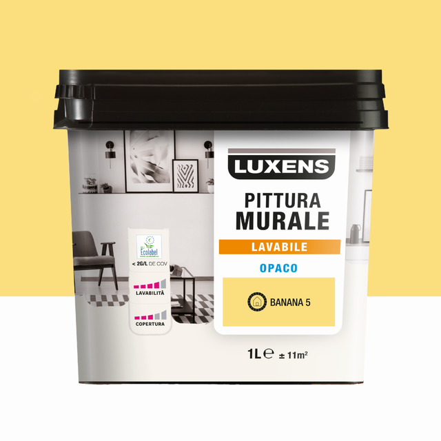 Pittura per interni per parete e soffitto lavabile, LUXENS murale giallo banana 5 opaco, 1 L
