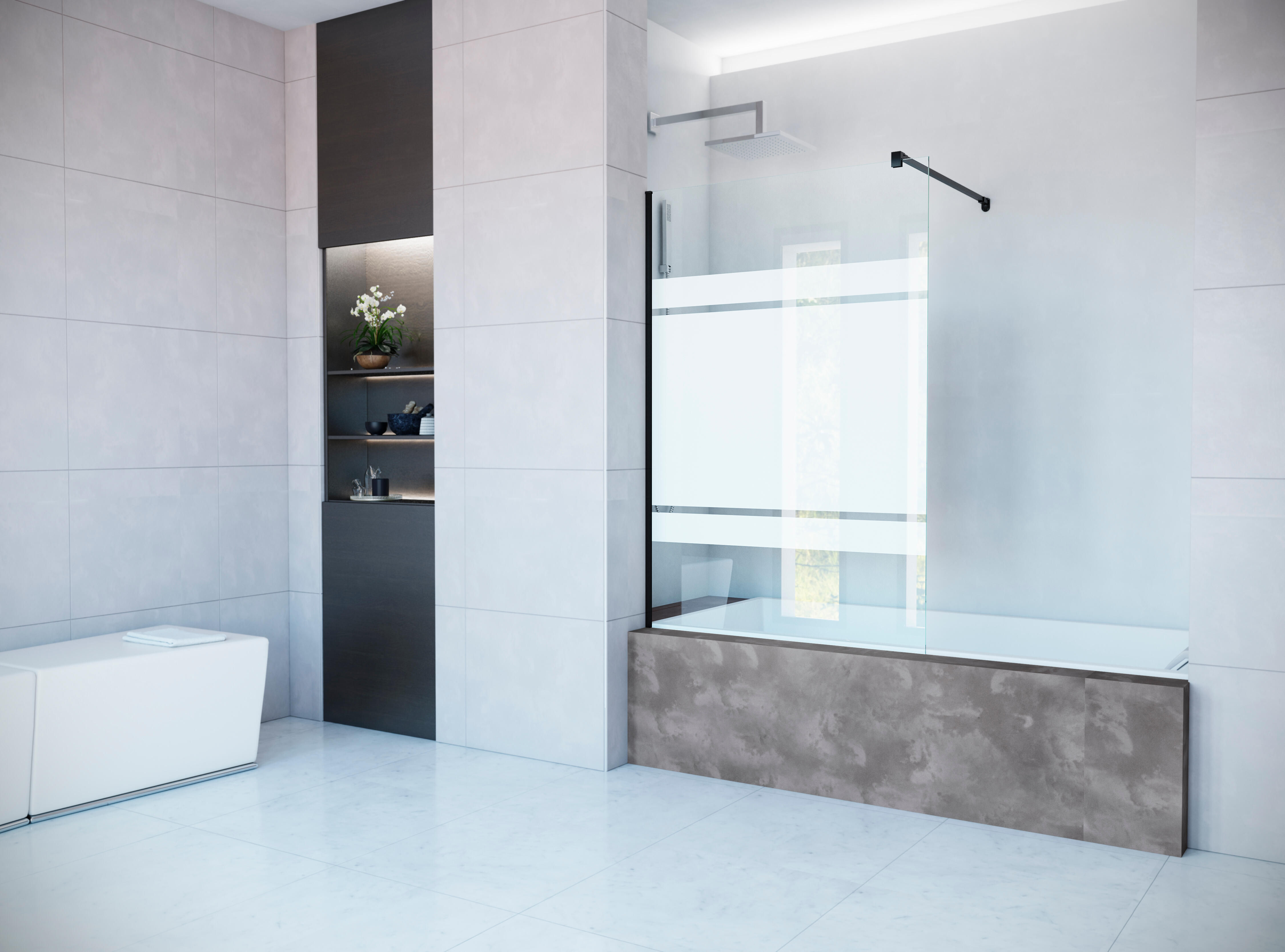 Mampara de bañera 1 hoja fijo fixed serigrafiado perfil negro 85x150 cm