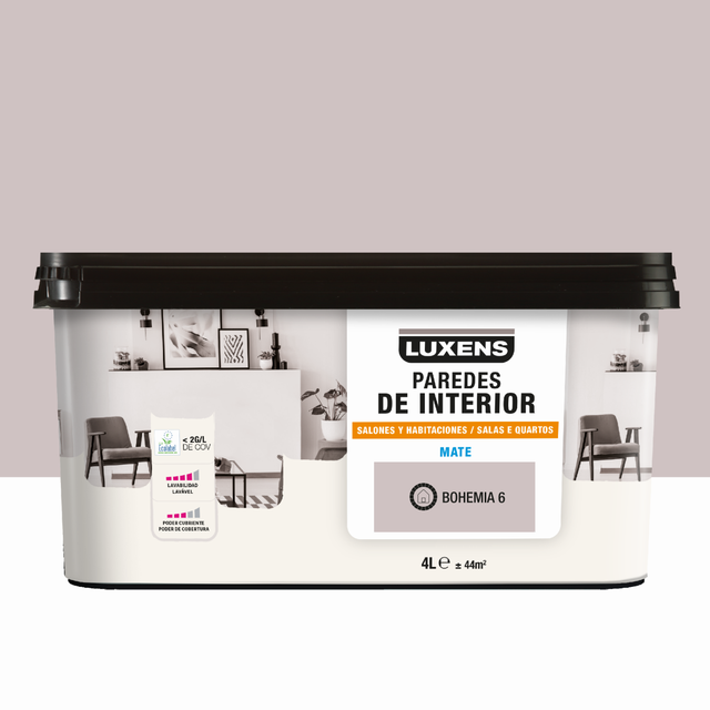 Pintura de interior salones y habitaciones LUXENS color bohemia 6 mate 4L para paredes y techos