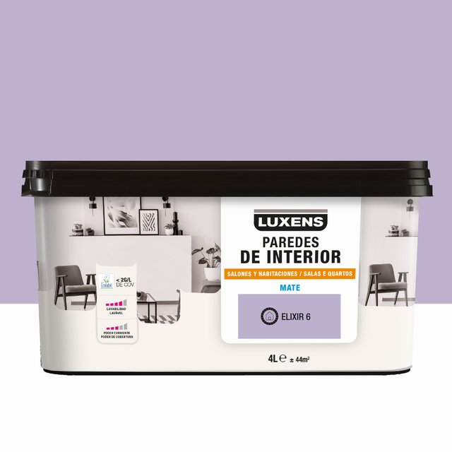 Pintura de interior salones y habitaciones LUXENS color elixir 6 mate 4L para paredes y techos