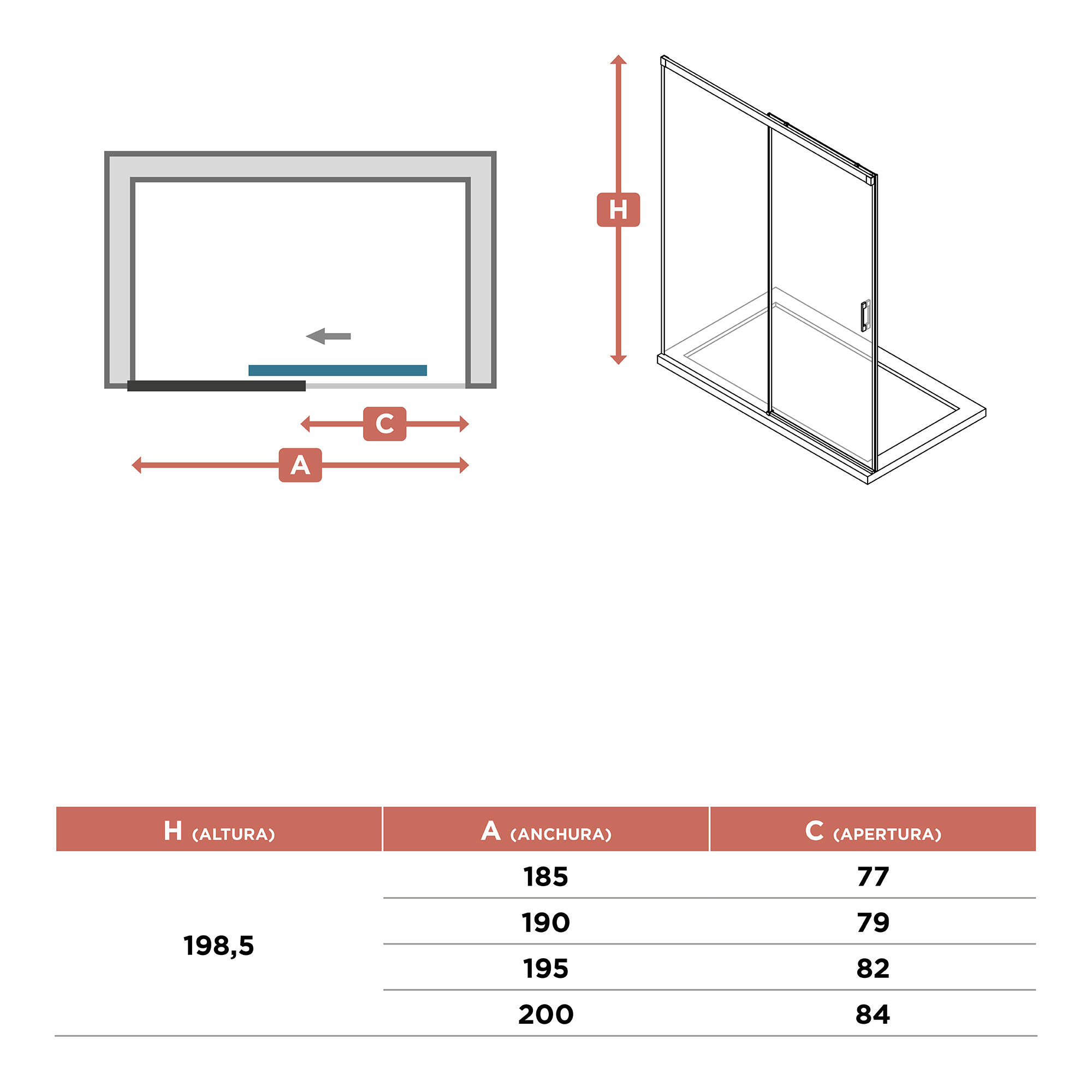 Mampara de ducha frontal 1 fijo + 1 puerta corredera transparente Vitria perfil aluminio cromo (180-200)x199.2 cm cierre de sobreponer marca Glassinox - 3