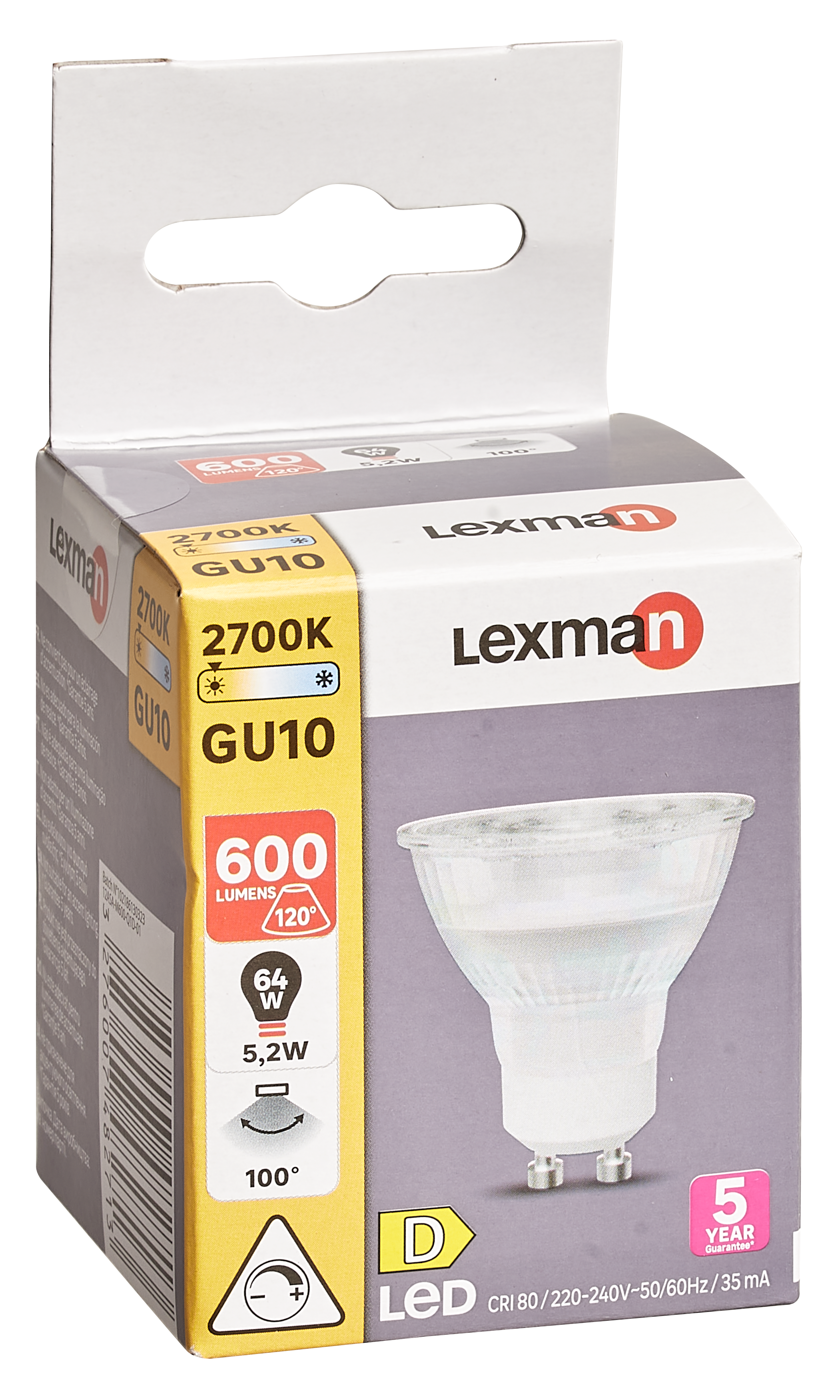 Lampadina LED, GU10 faretto, trasparente, luce calda, 5.2W = 600 LM (equiv 64 W) dimmerabile, 100° LEXMAN - 3