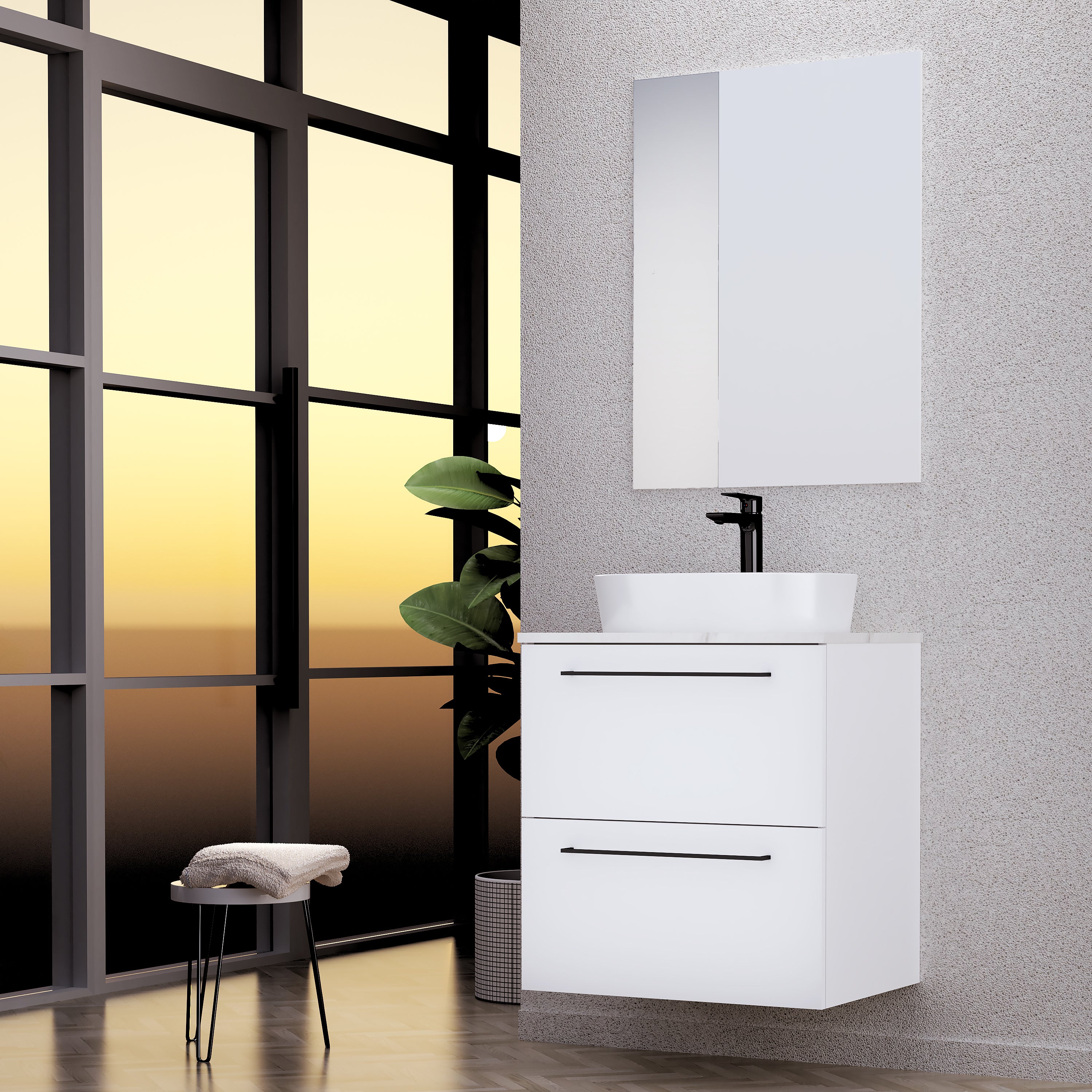 Mueble de baño con lavabo y espejo luna top blanco mate 60x43 cm