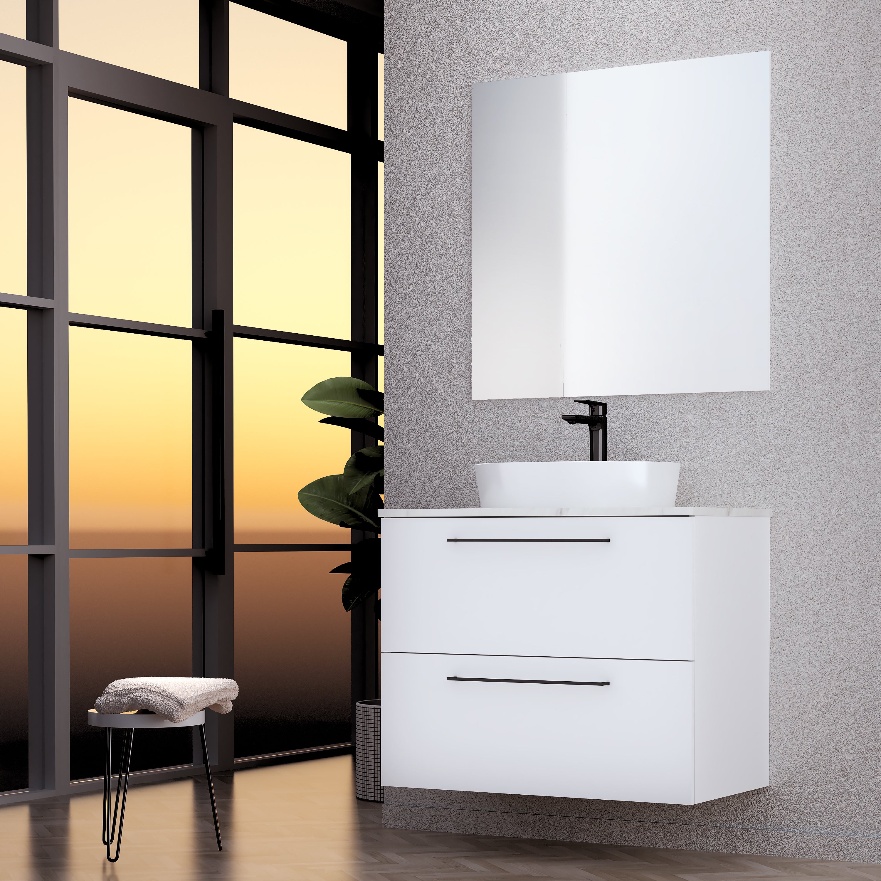 Mueble de baño con lavabo y espejo luna top blanco mate 80x43 cm