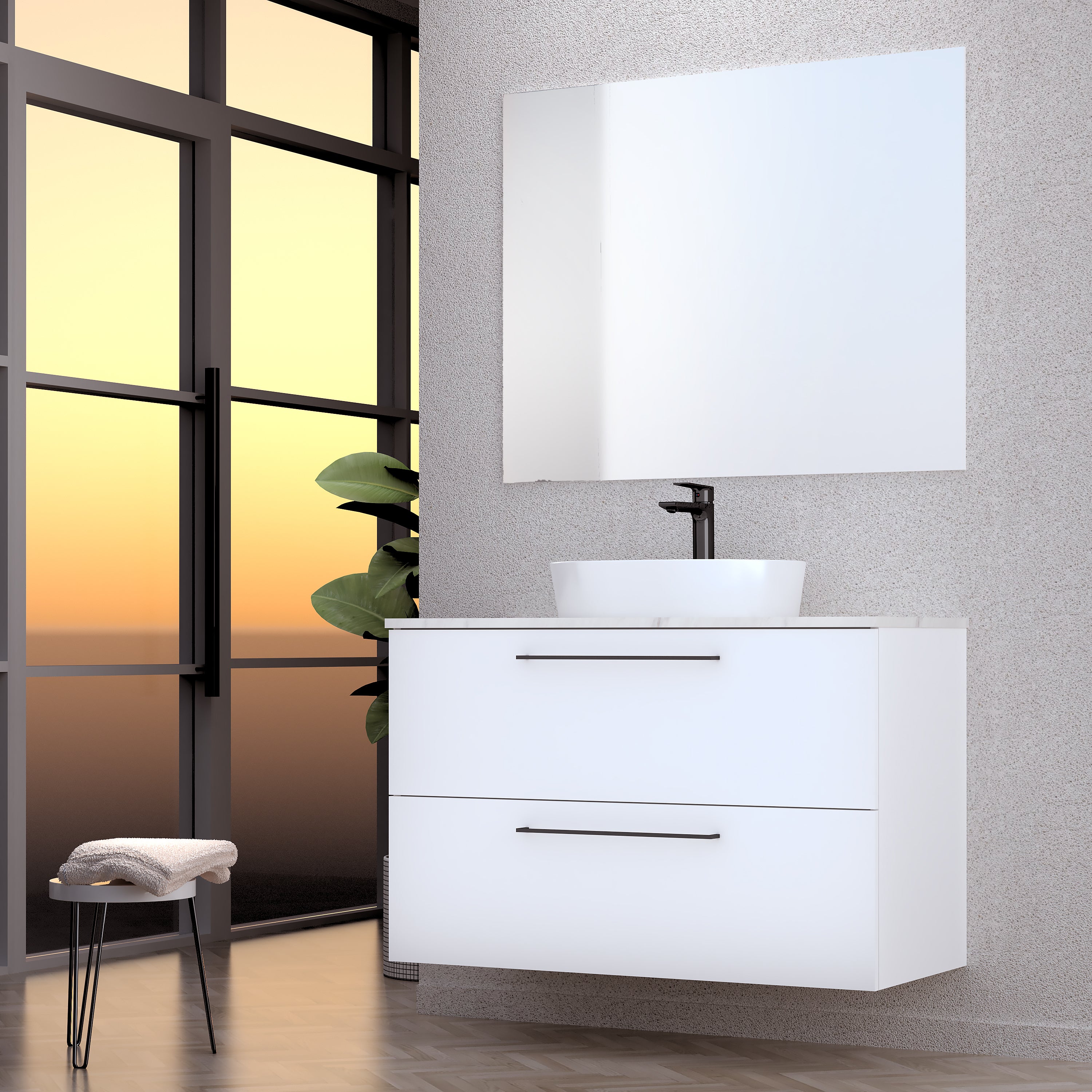 Mueble de baño con lavabo y espejo luna top blanco mate 100x43 cm