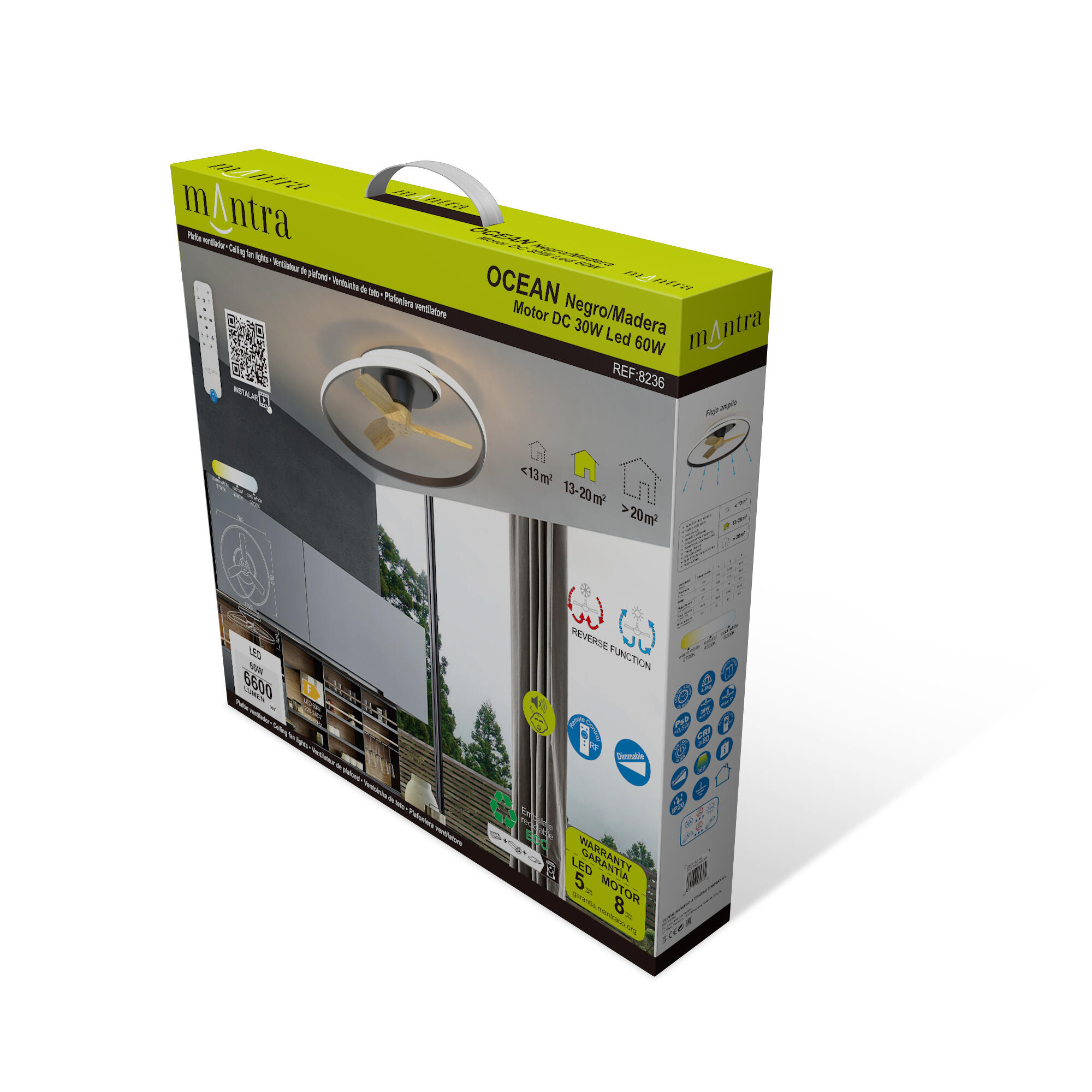 Ventilateur de plafond LED, Ocean, 78 cm, MANTRA, noir et hêtre - 6