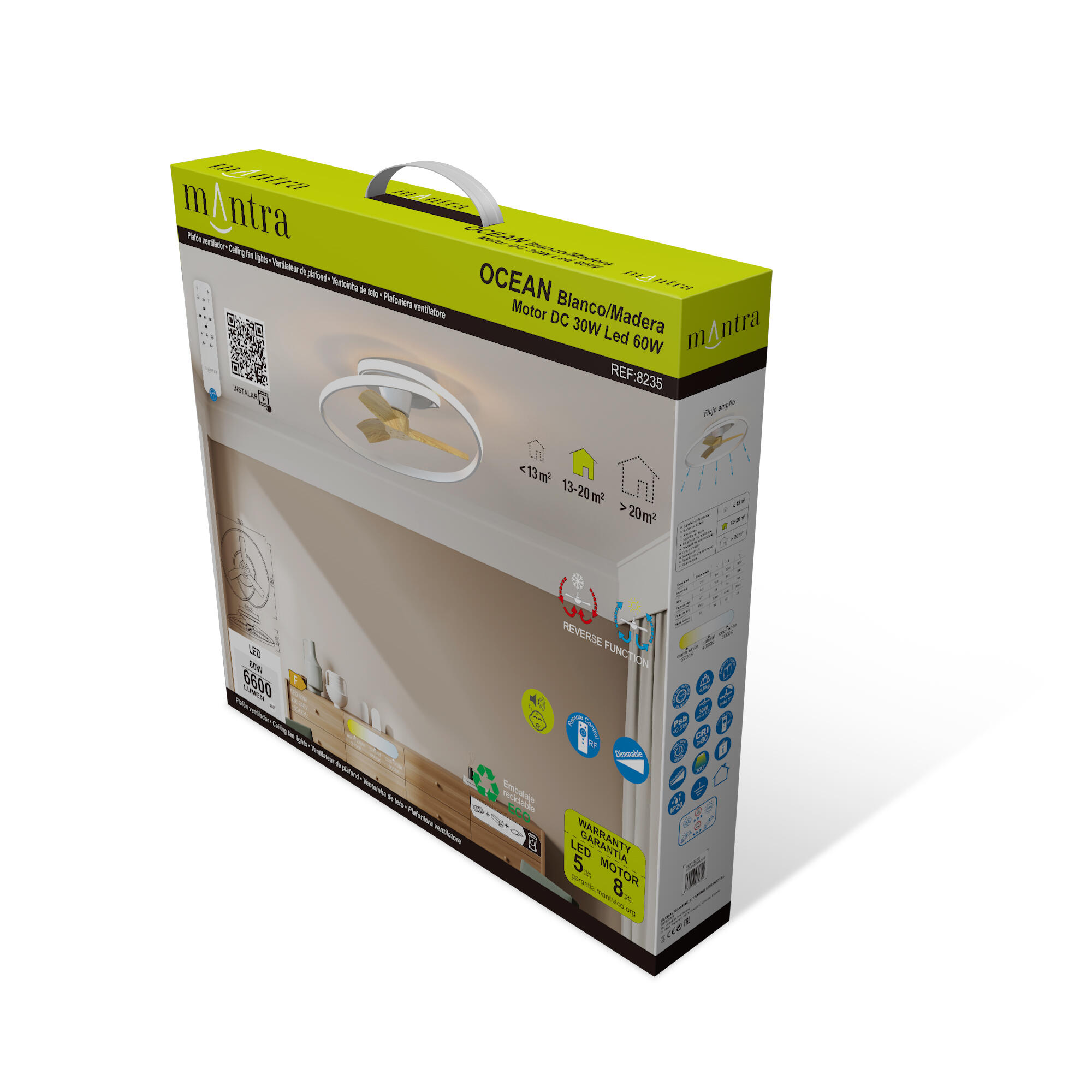 Ventilateur de plafond LED silencieux, Ocean, 78 cm, MANTRA, blanc et hêtre - 6