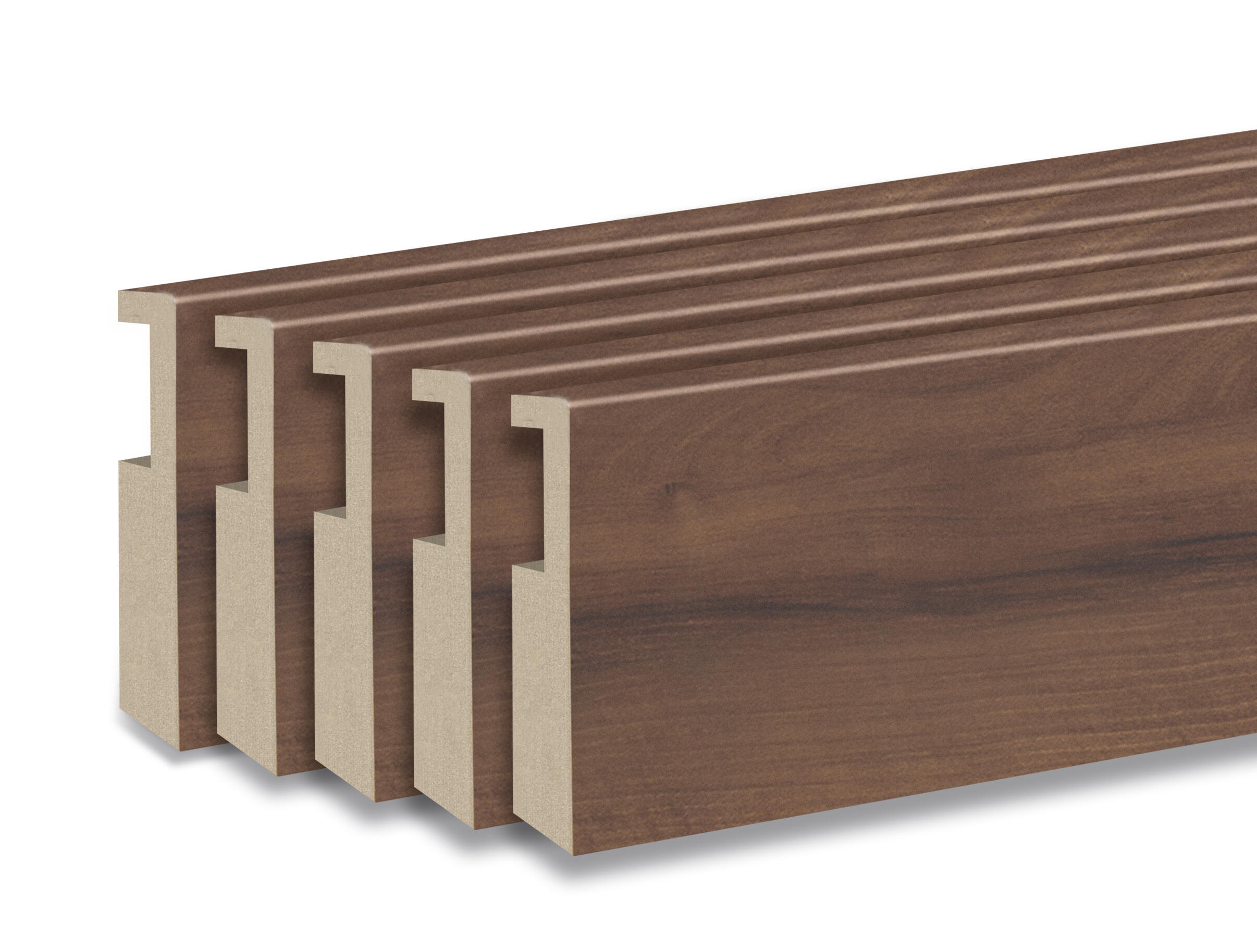 Kit de 5 rodapiés lisos con pasacables nogal de 2200x90x12mm