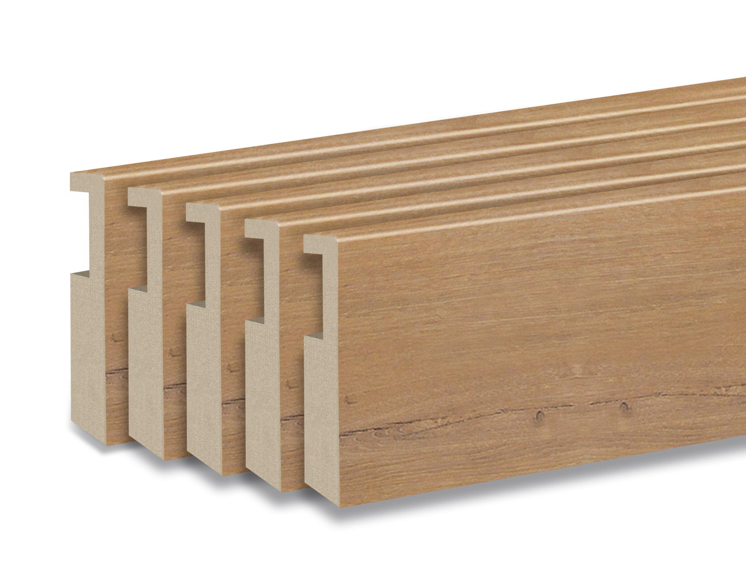 Kit de 5 rodapiés lisos con pasacables color roble gold de 12x90x2200 mm