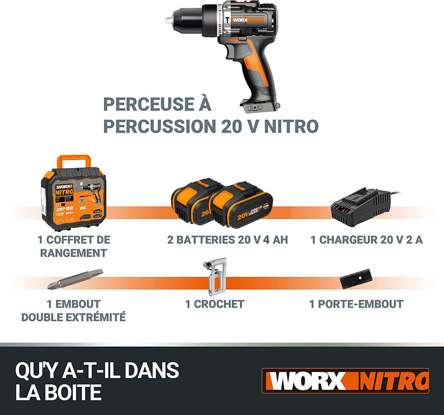 Perceuse à percussion Brushless 20V 60Nm WORX - WX352.1 (2 batteries 4Ah) - 8