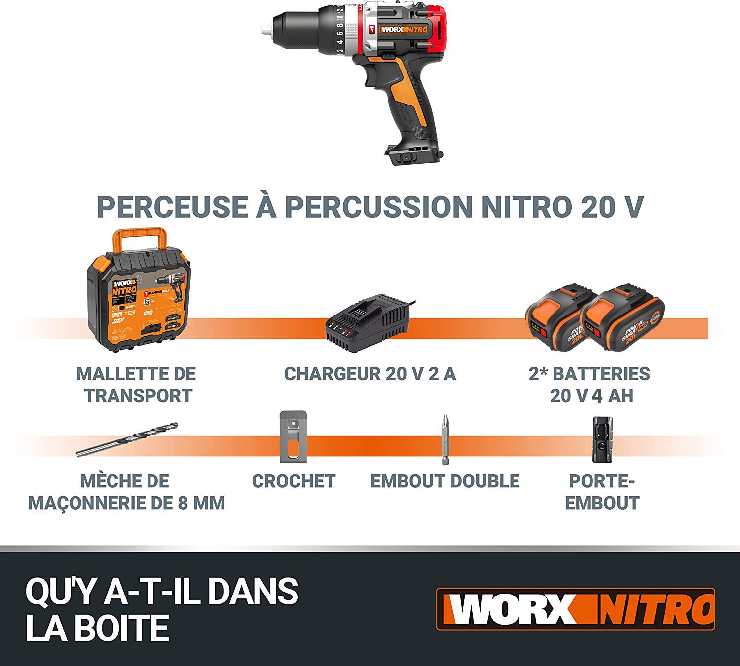 Taladro percutor WORX 20 V 60 Nm + 2 baterías de 4.0 Ah + Accesorios - Compatible con Powershare - 2