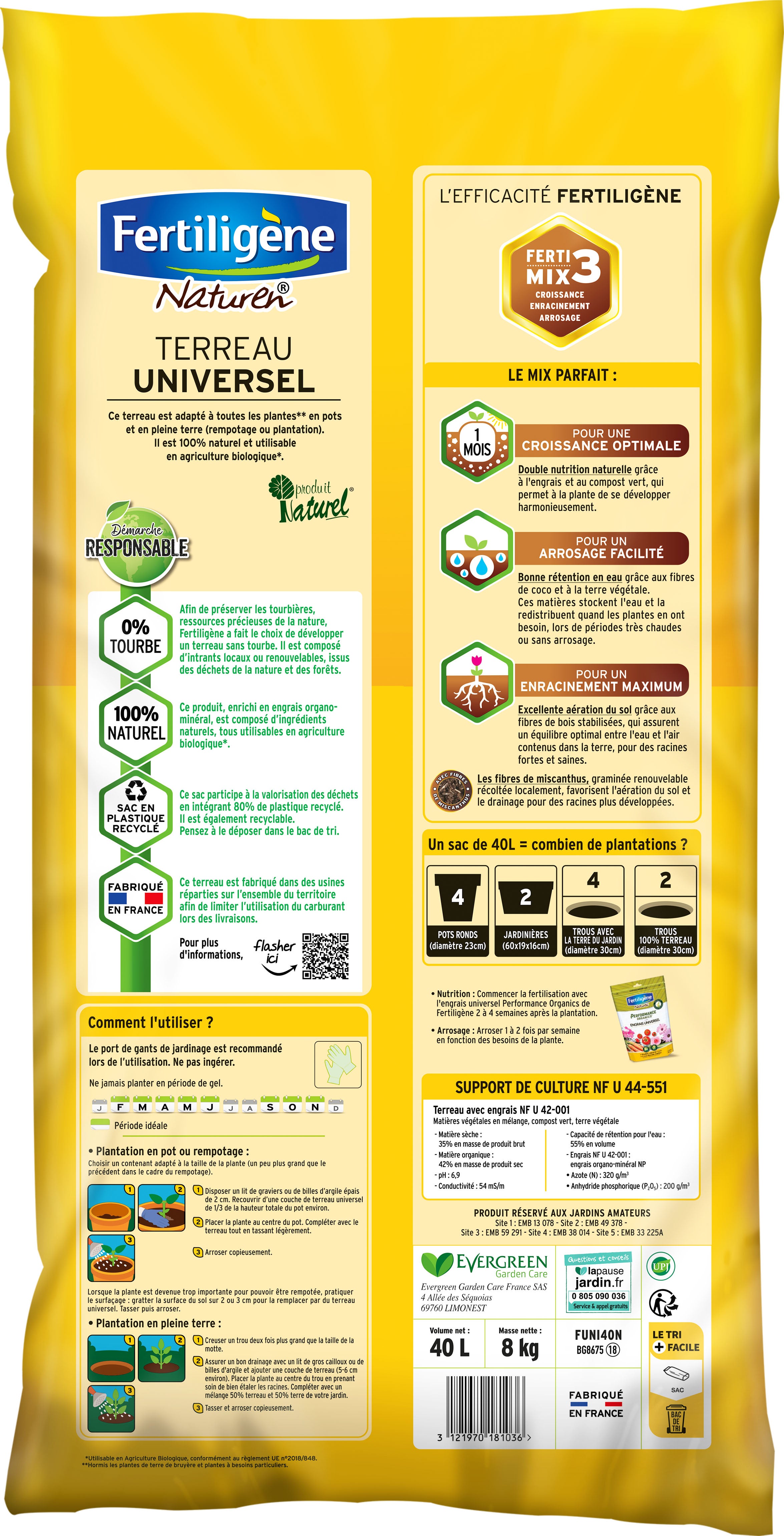 Terreau naturel sans tourbe FERTILIGENE, 40 l - 2