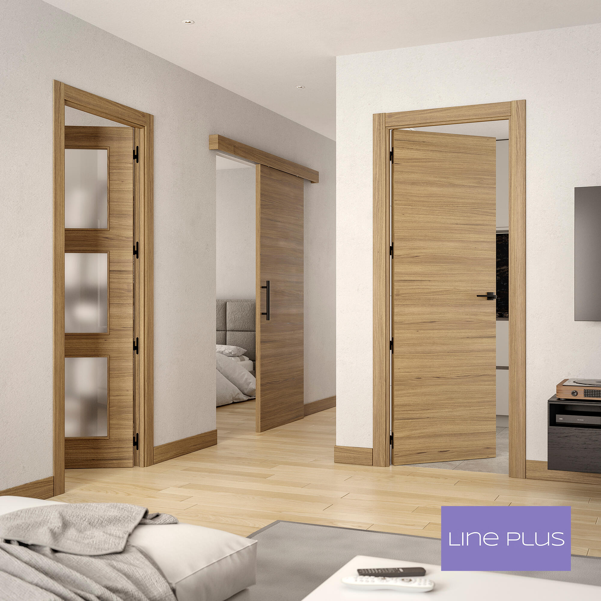 Puerta de interior corredera ciega maciza barnizada Line Plus Oslo Slow nogal anchura 82,5cm - 3