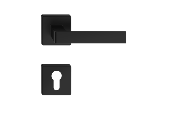 Klamka do drzwi wewnętrznych na rozecie Ergo i szyld do wkładki czarny Metalbud