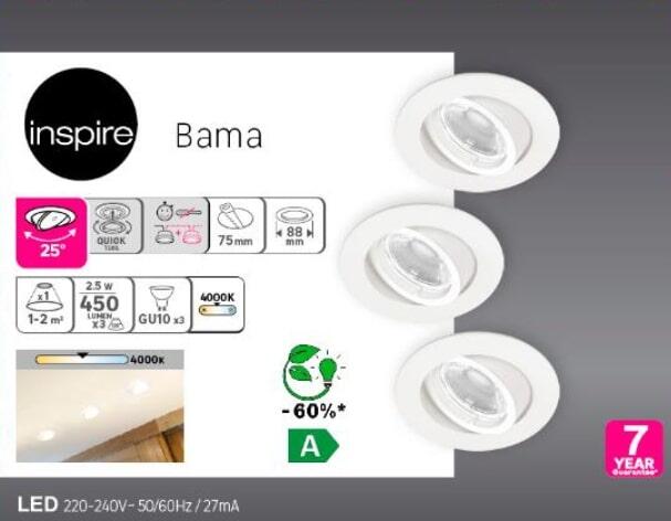 Kit 3 spots à encastrer orientable Bama Classe A gu10, 4000K INSPIRE rond blanc - 3