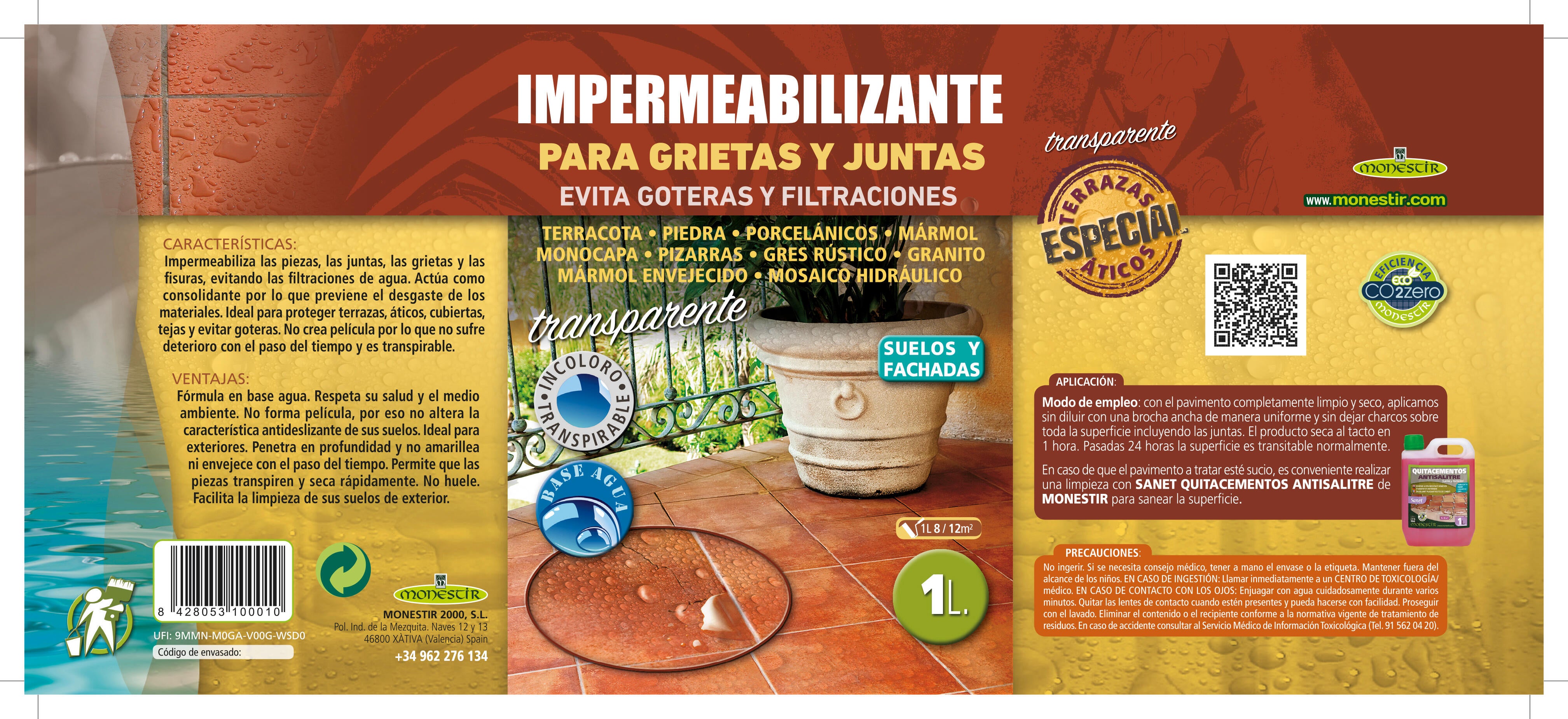 Impermeabilizante exterior MONESTIR incoloro para fachadas y suelos de mármol, piedra, terracota, cerámica, porcelana 1 Litro. Acrílico. Mejorar la adherencia e impermeabilizar. - 4