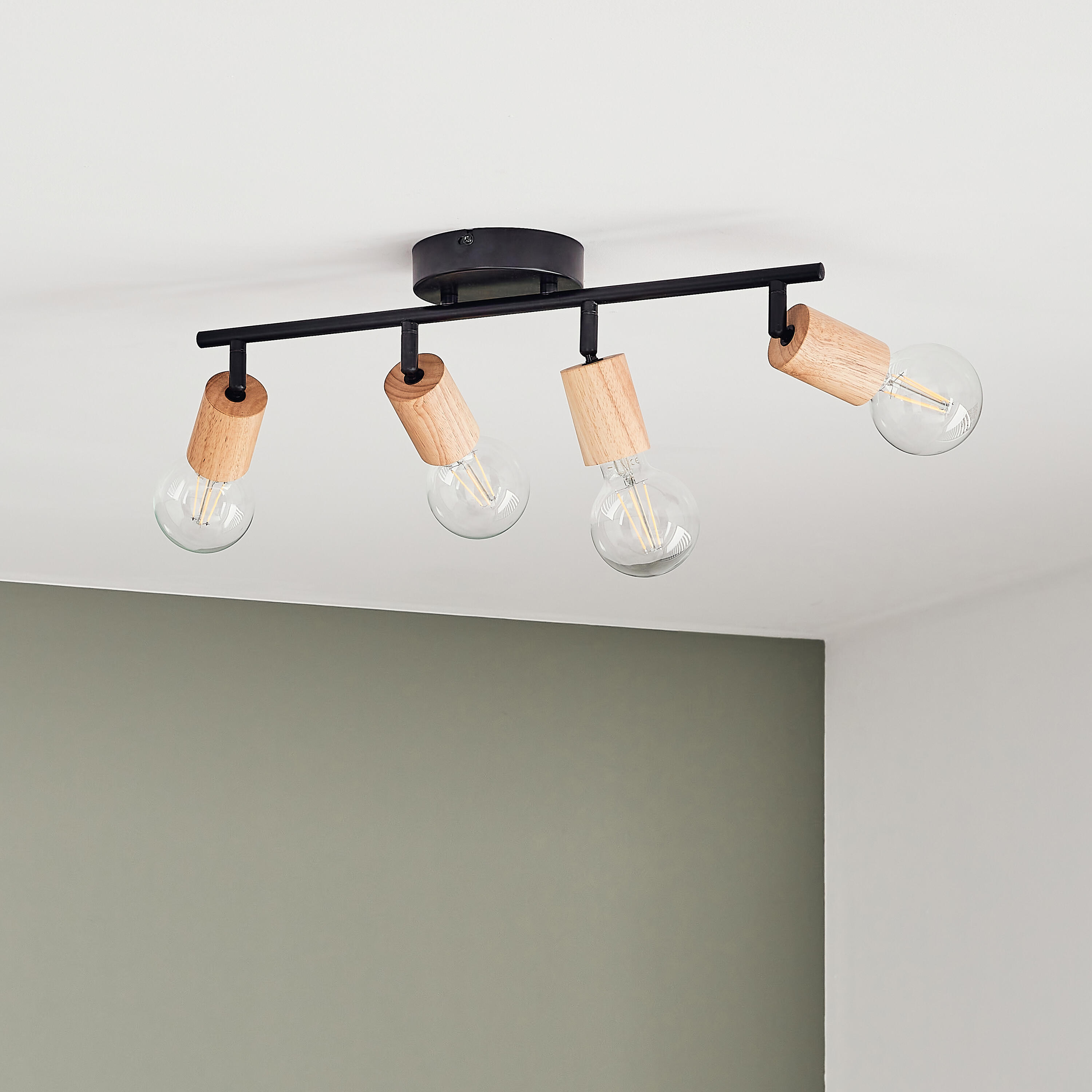 Rampe 4 spots, métal noir et bois, E27, INSPIRE Lina - 2