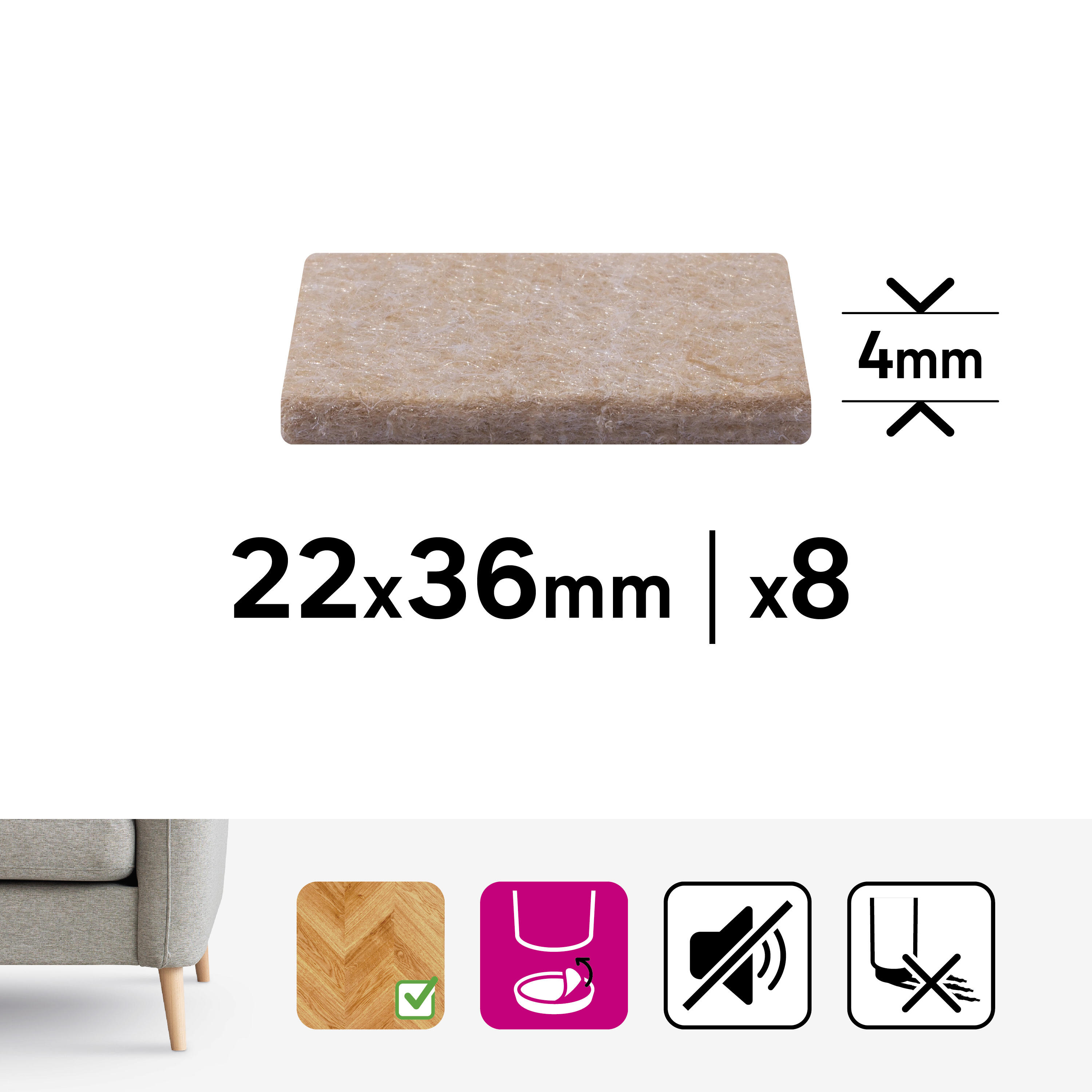 8 patín rectangulares STANDERS de fieltro beige 36x22 mm - 3