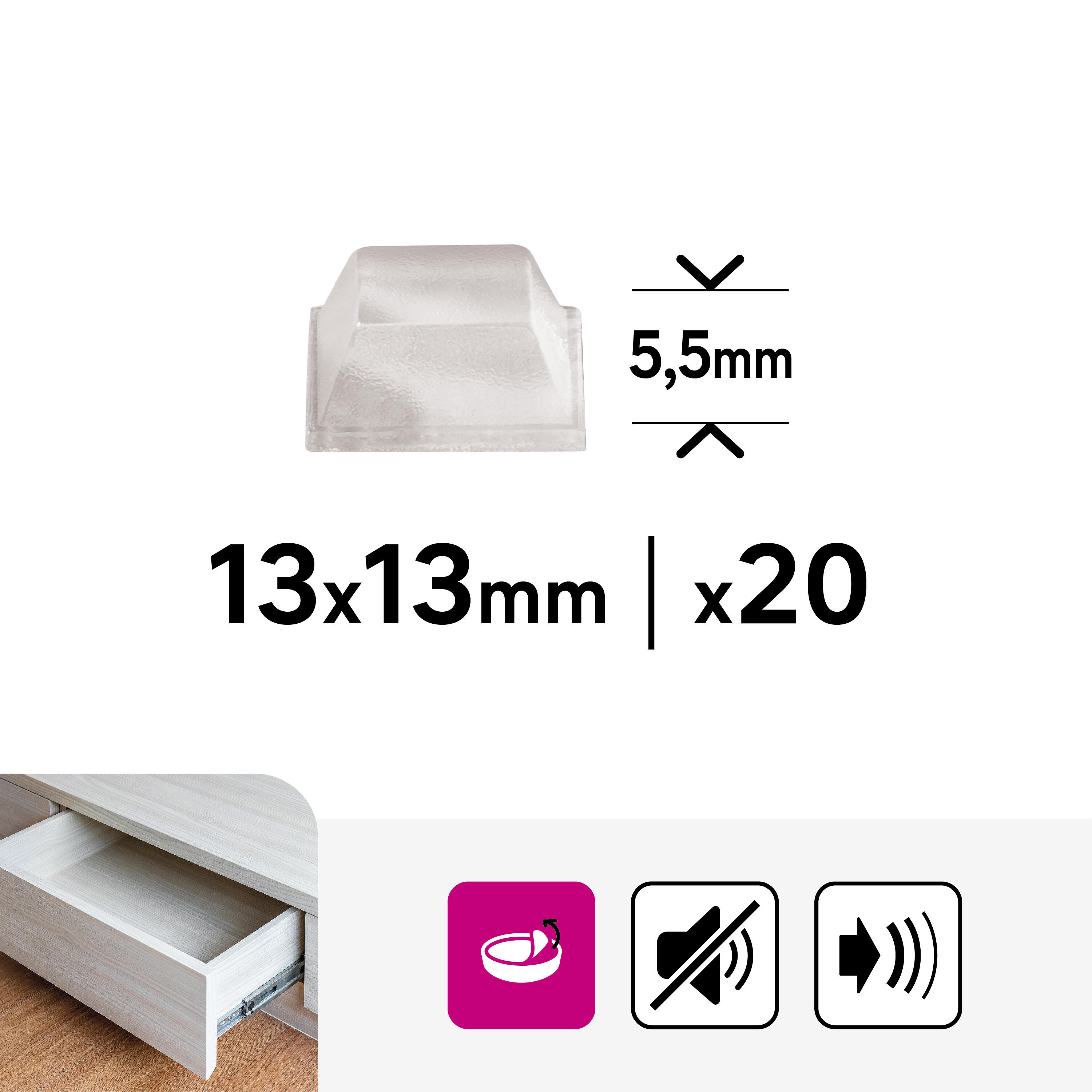 Lot de 20 butées de porte à coller pvc STANDERS transparent, ⌀1.3 x H.1.3 cm - 2