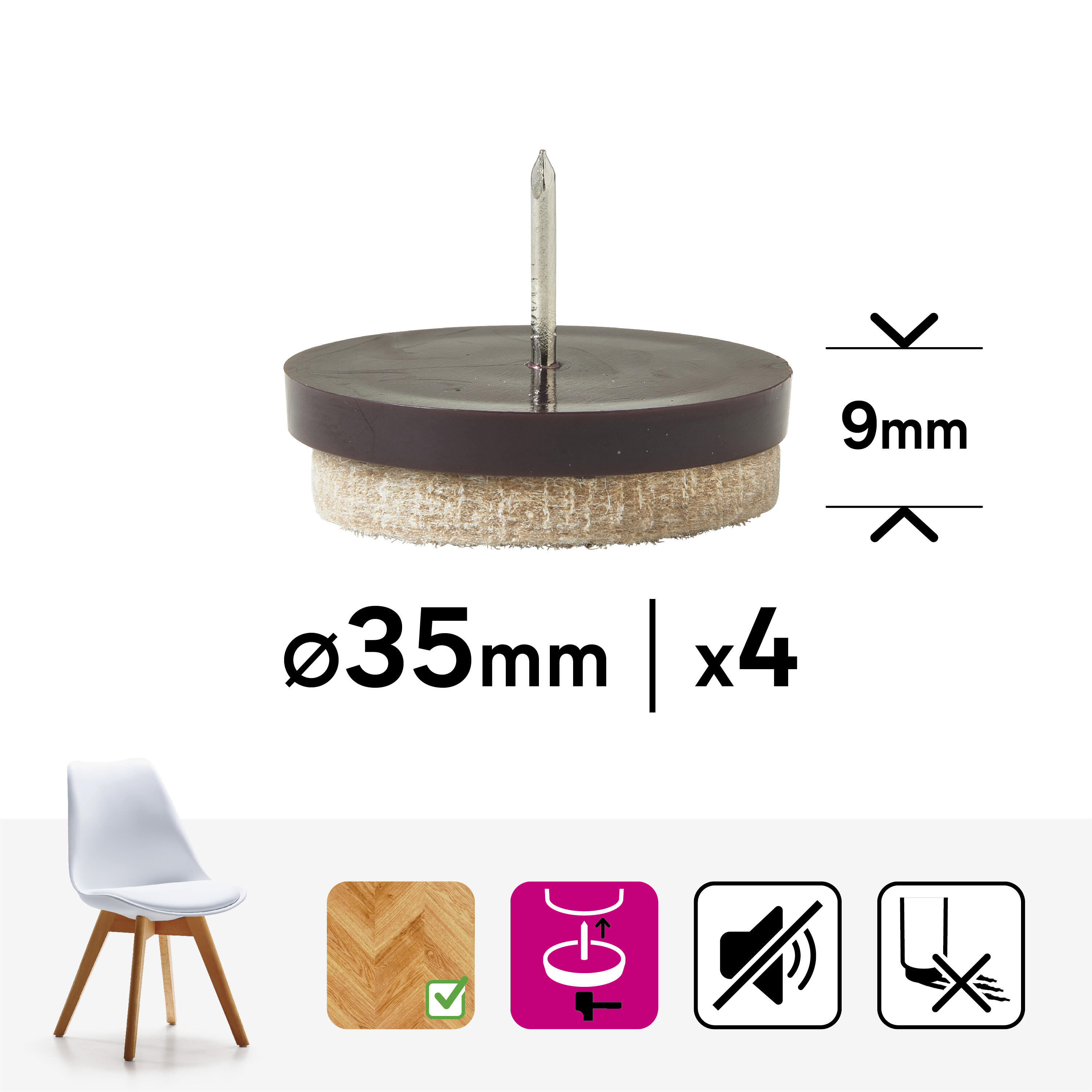 Podkładki pod meble wbijane beżowe filcowe 35x35 mm 4 sztuki STANDERS - 10