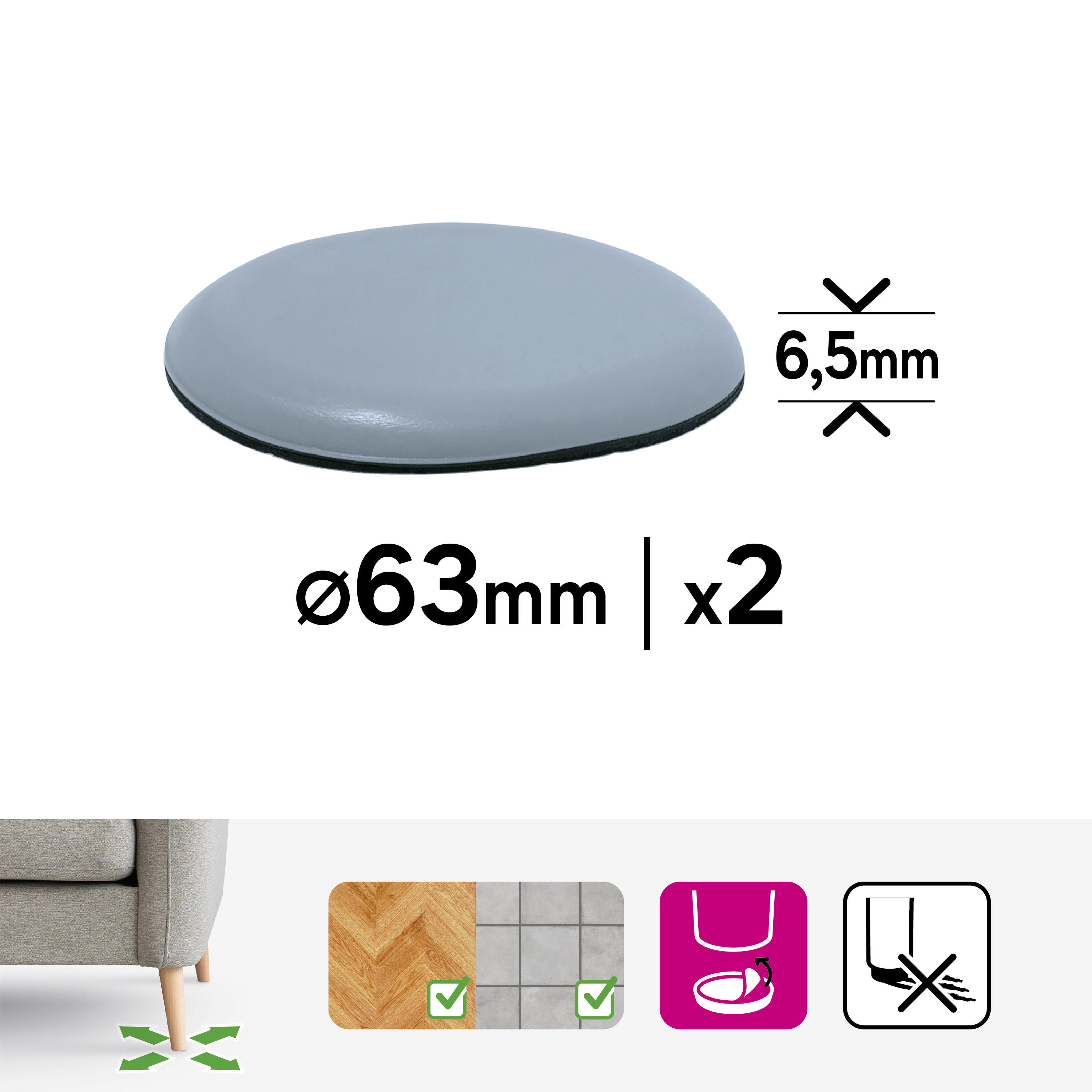 2 patins de pied de meuble en polytétrafluoroéthylène (ptfe teflon) adhésif STAN - 2