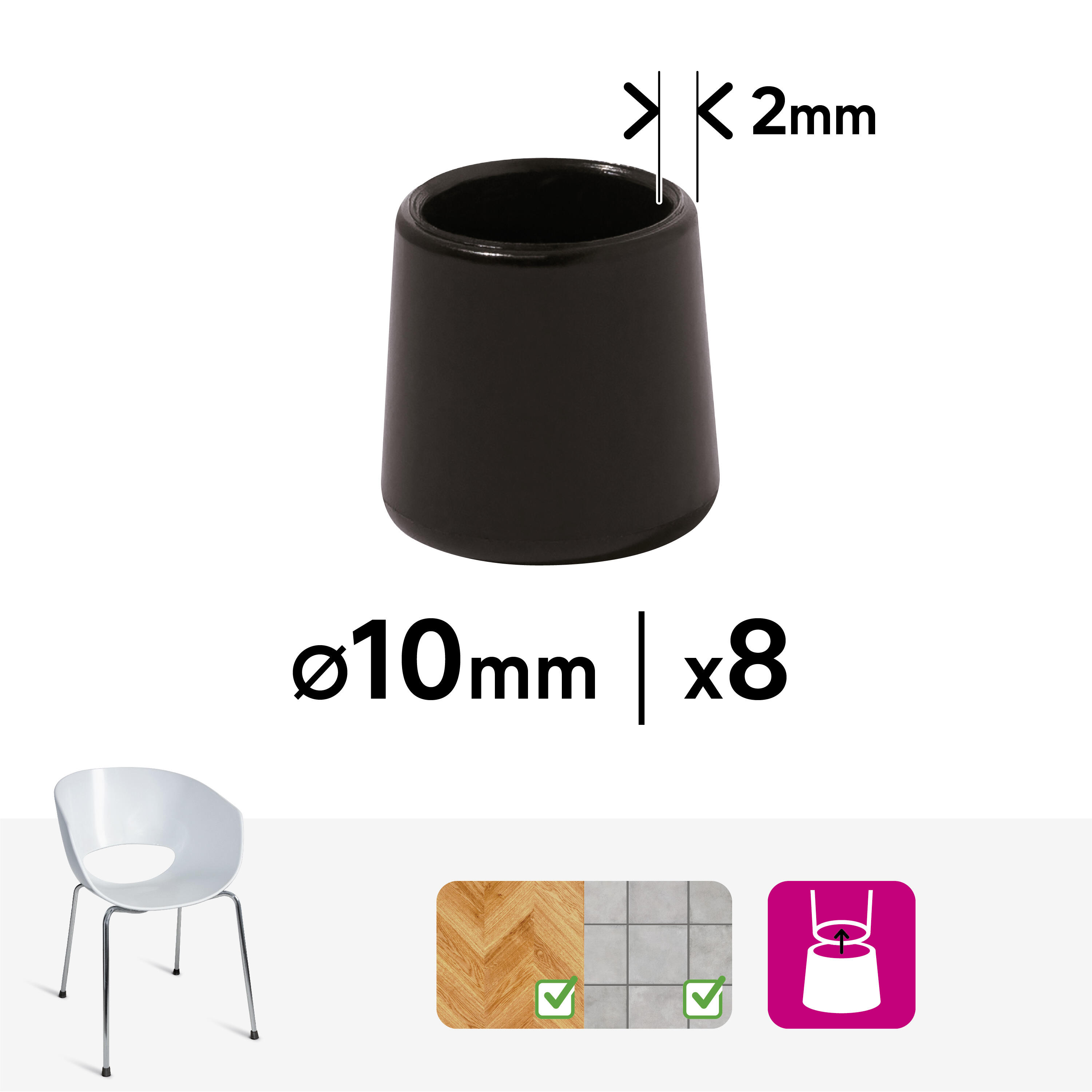 8 contera redondas STANDERS de pvc negro de ø 10 mm - 8