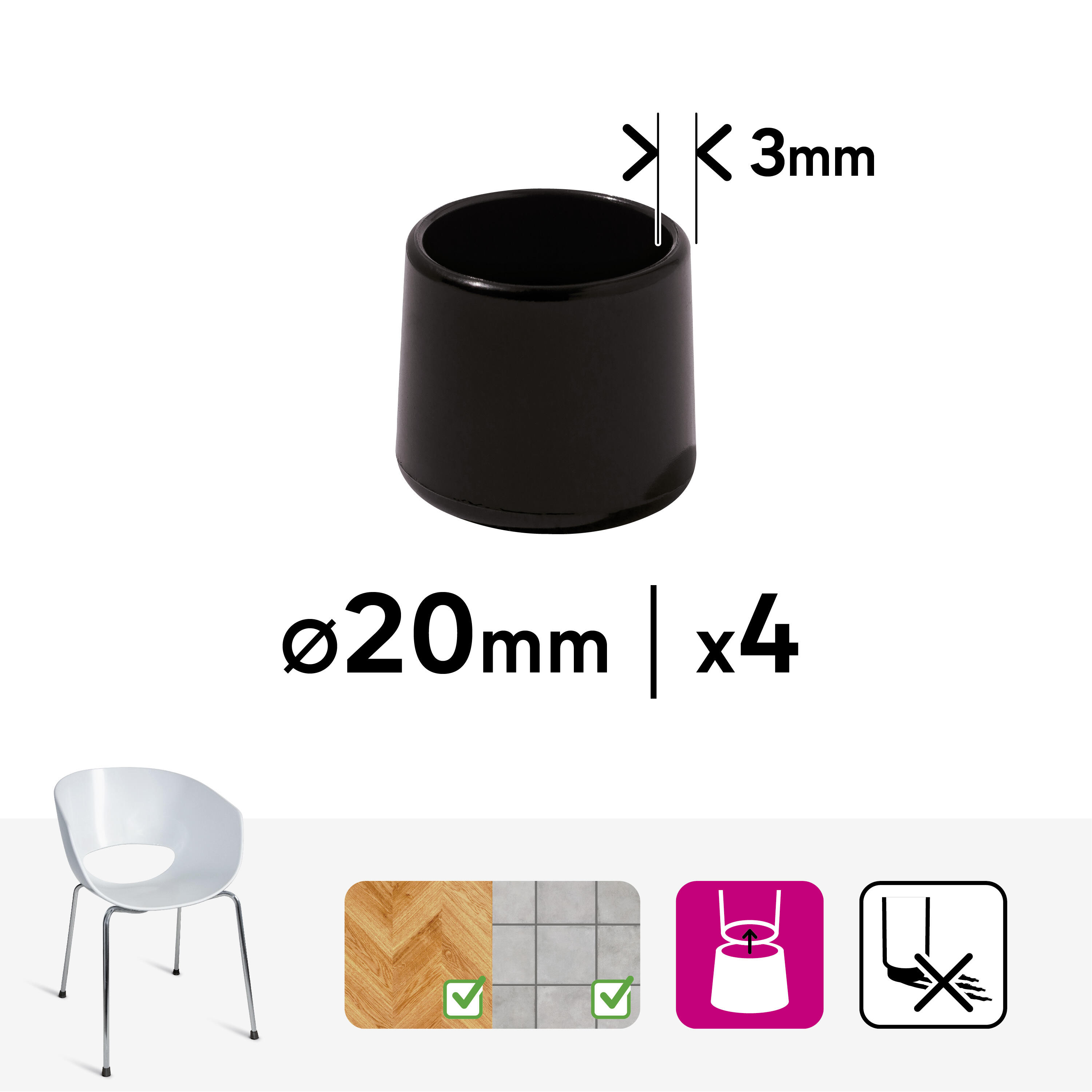 Lot de 4 embouts de meuble rond pvc noir, Diam.20 mm H.22.5 mm - 3