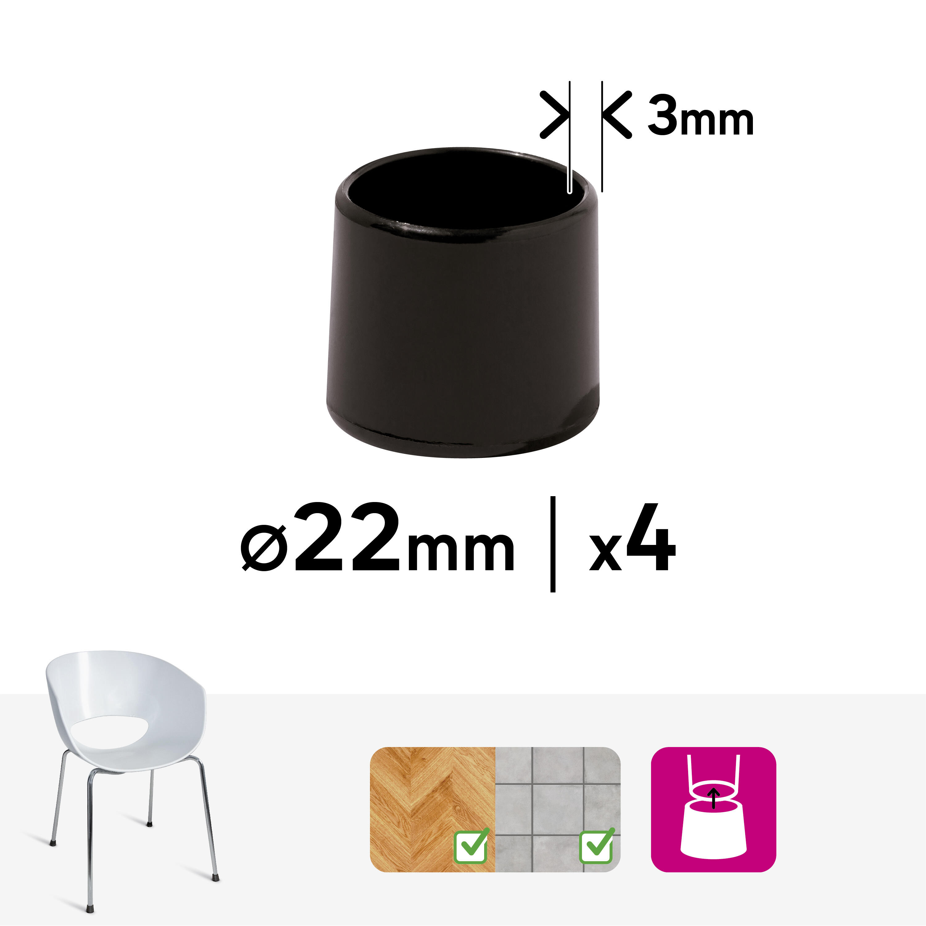 Lot de 4 embouts de meuble rond pvc noir, Diam.22 mm H.24 mm - 5