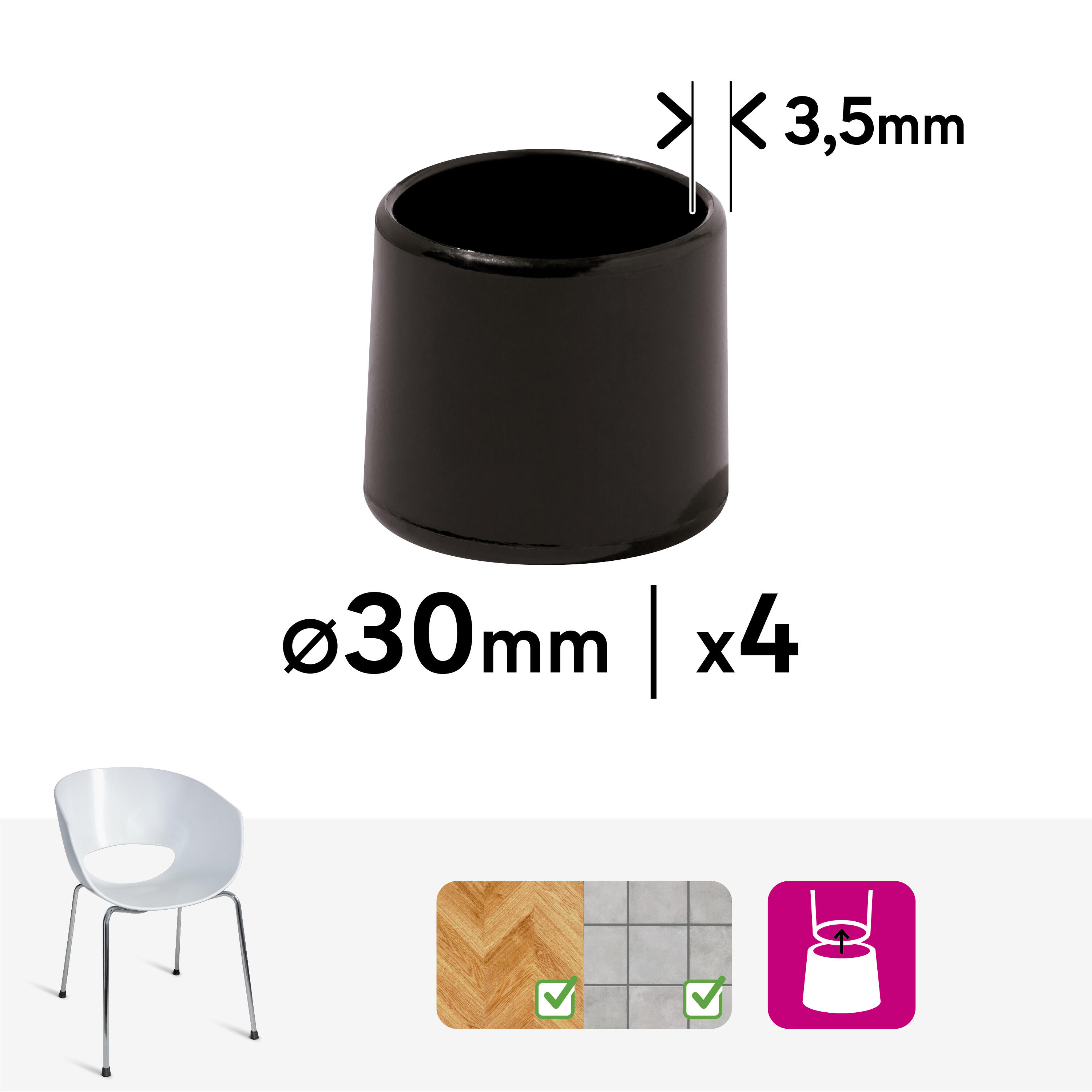 Lot de 4 embouts de meuble rond pvc noir, Diam.30 mm H.31.5 mm - 2