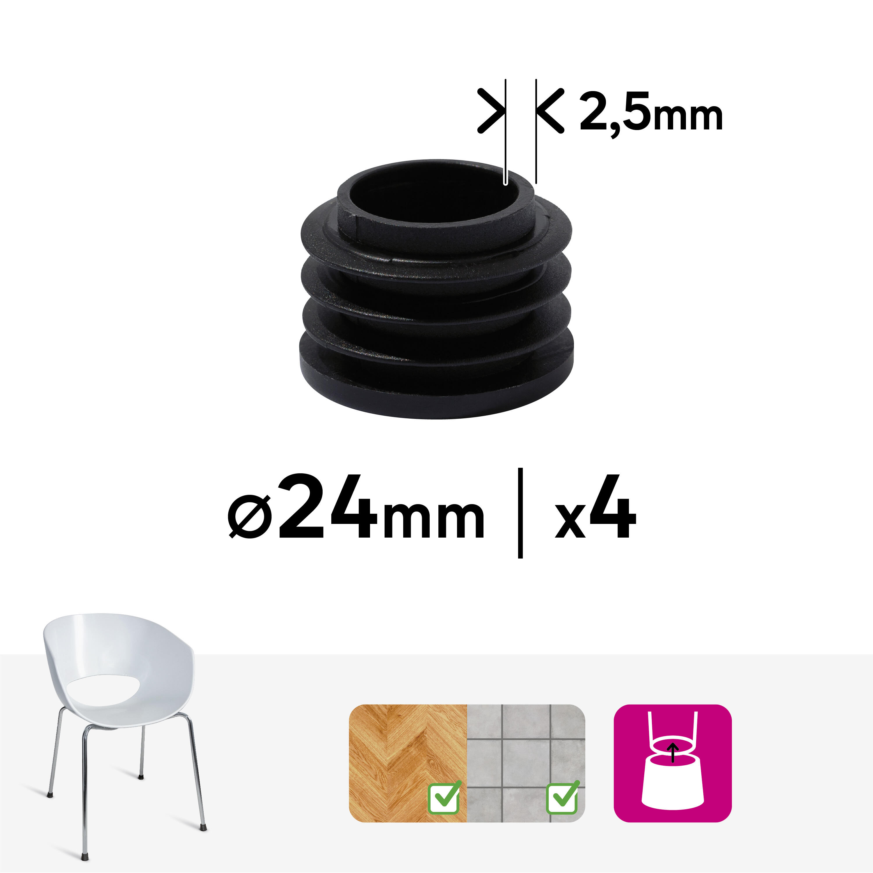 Lot de 4 embouts de meuble rond pvc noir, Diam.24 mm H.17.6 mm - 2