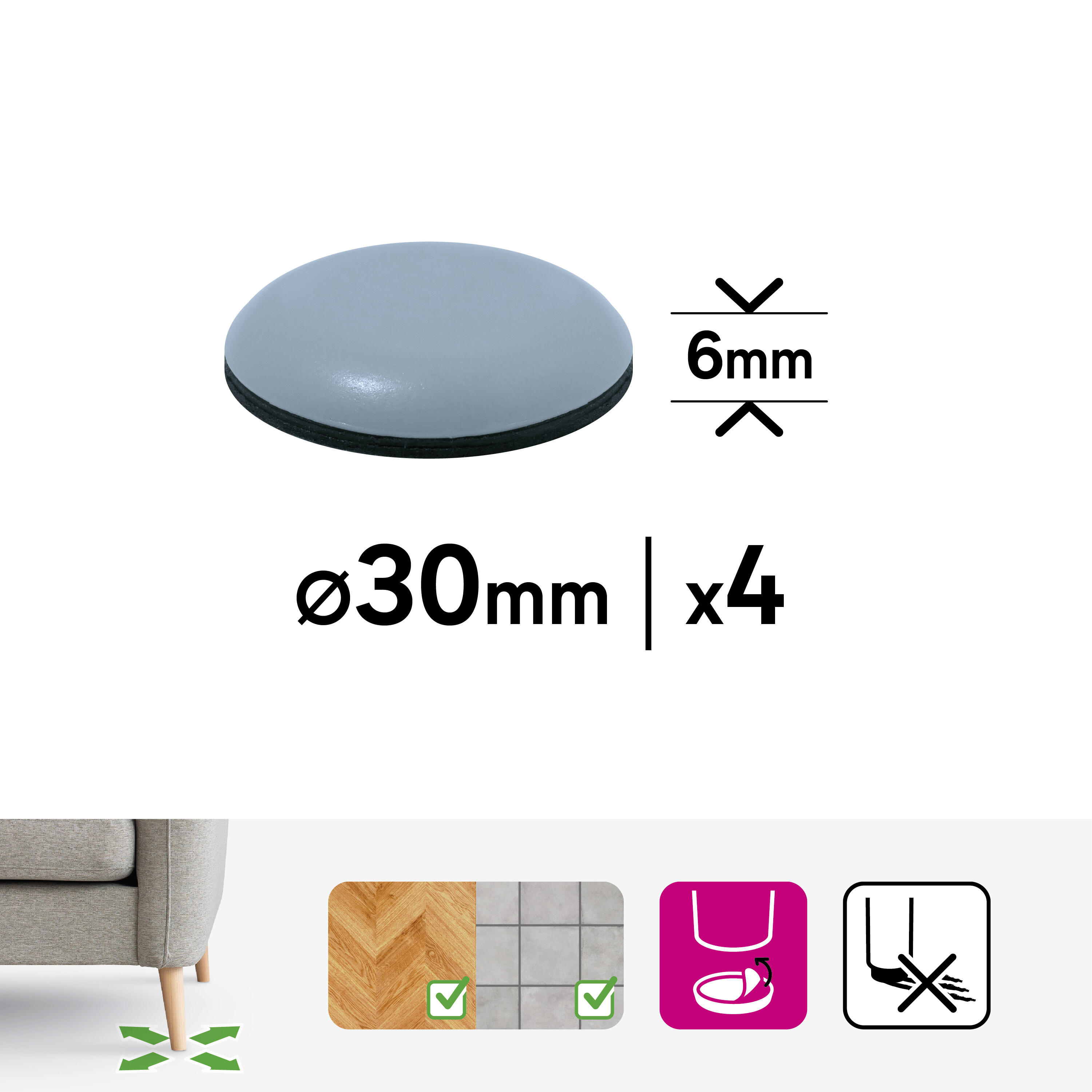 4 patín redondos adhesivo STANDERS de PTFE gris ø 30 mm - 2