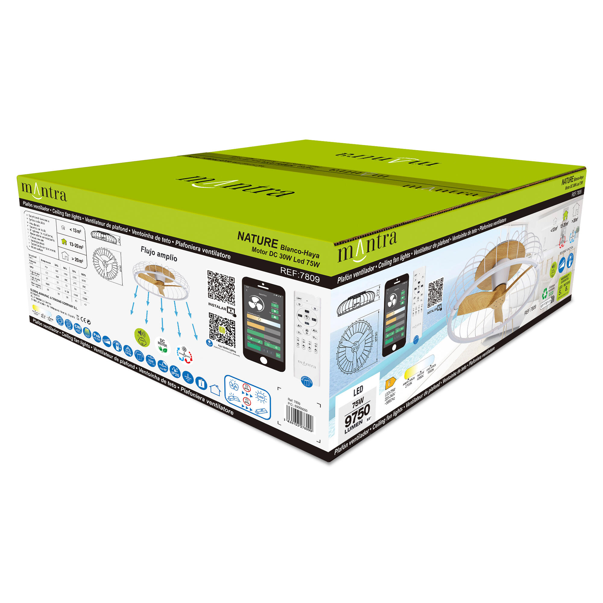Ventilador de techo con luz sin aspas silencioso DC 30W con mando WiFi/ APP ø79 cm Mantra Nature blanco luz CCT | 8 velocidades | modo verano/invierno | brisa | temporizador | recomendado para <13m² - 8