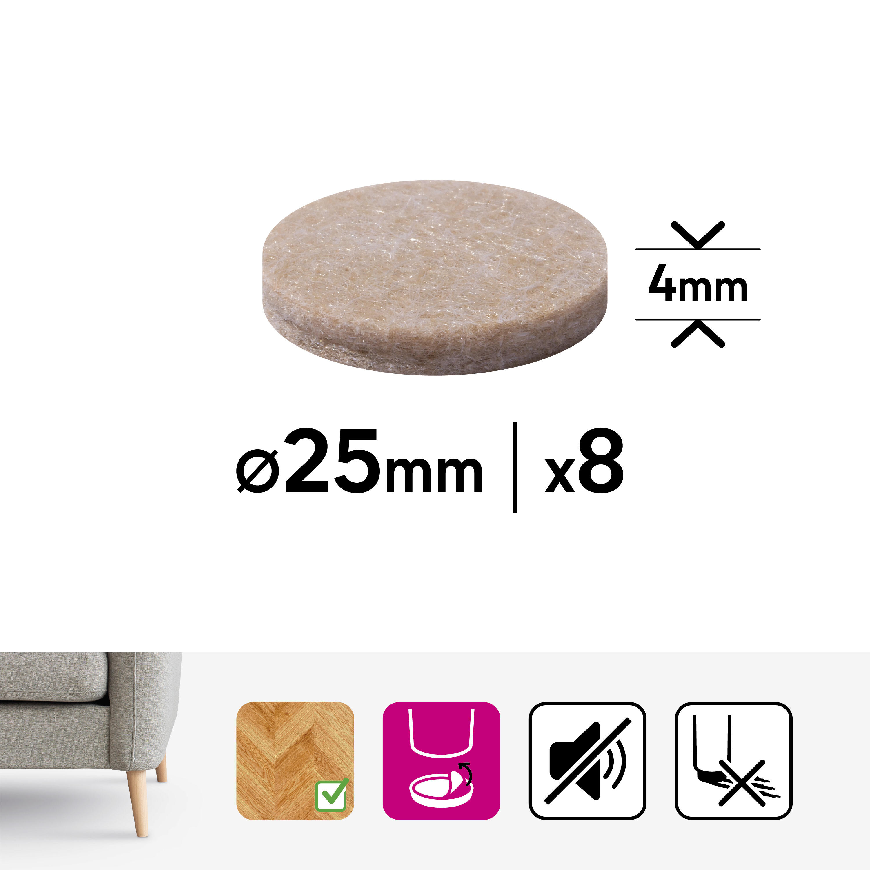 8 patín redondos STANDERS de fieltro beige ø 25 mm - 2