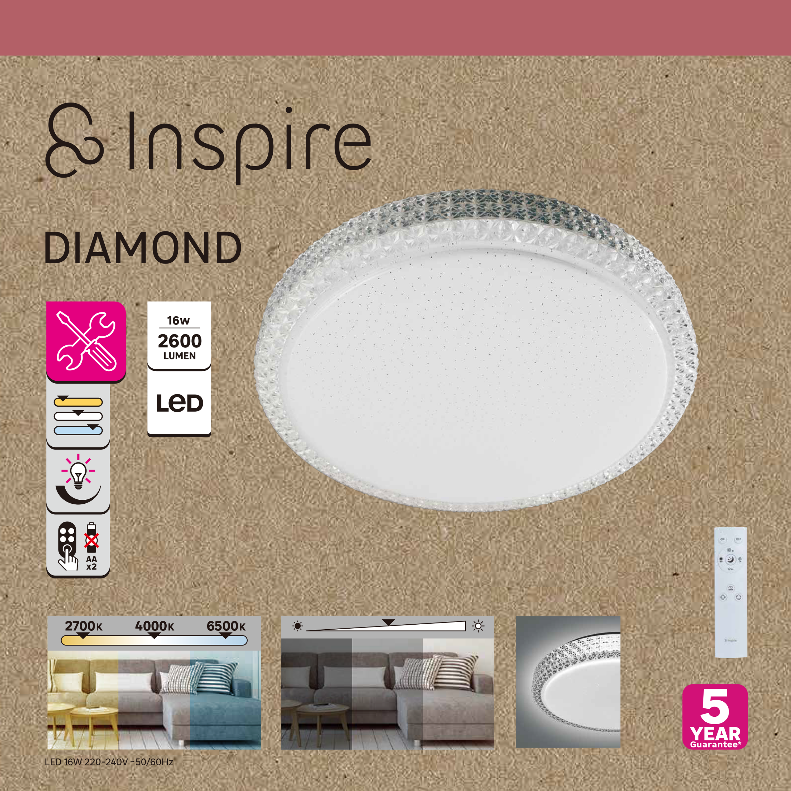 Plafoniera LED Diamond Ø 40 cm bianco IP21 cct da bianco caldo a bianco freddo con regolazione di temperatura, 2600 lumen INSPIRE - 8