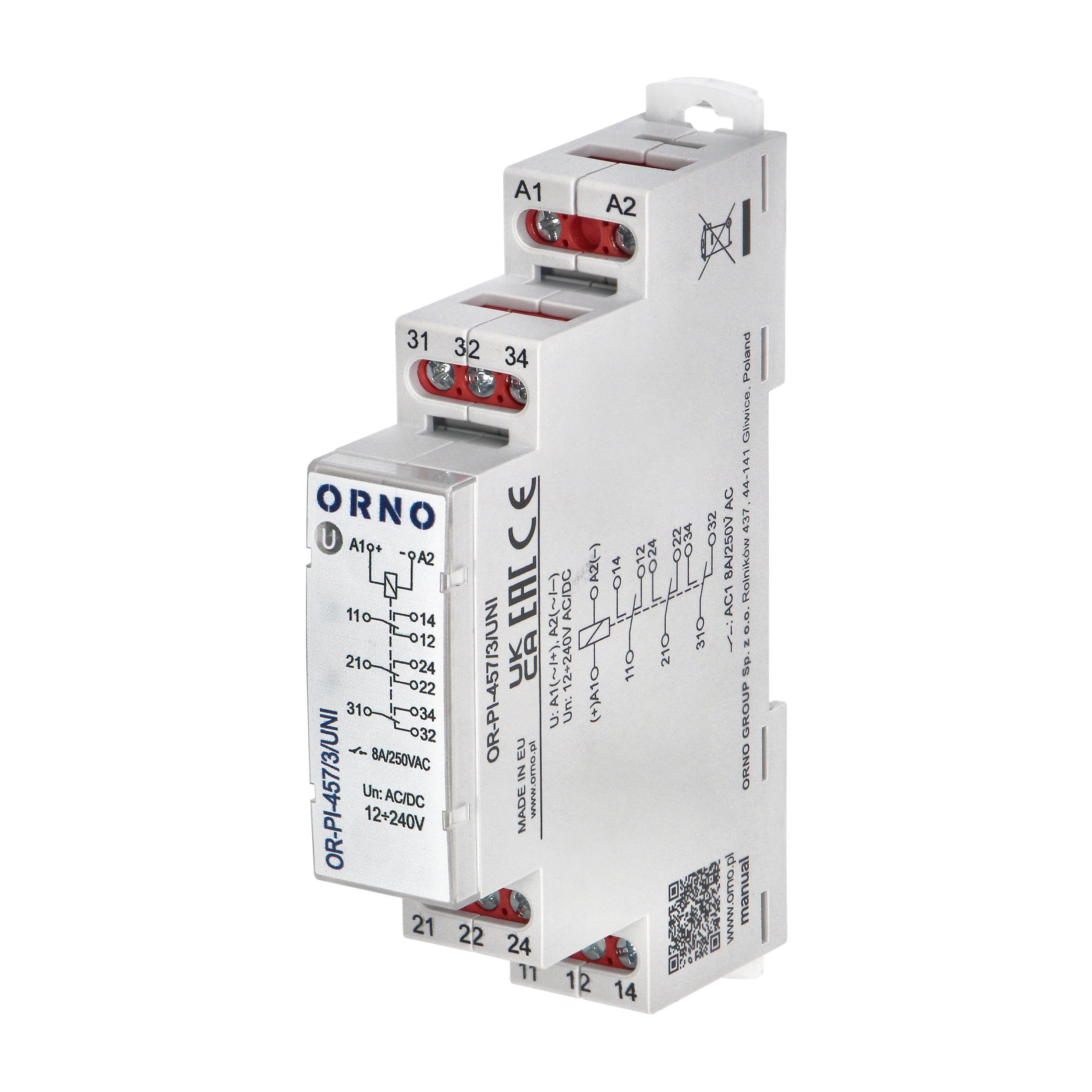 Przekaźnik instalacyjny 3P 8A 12-230VUC OR-PI-457/3/UNI ORNO