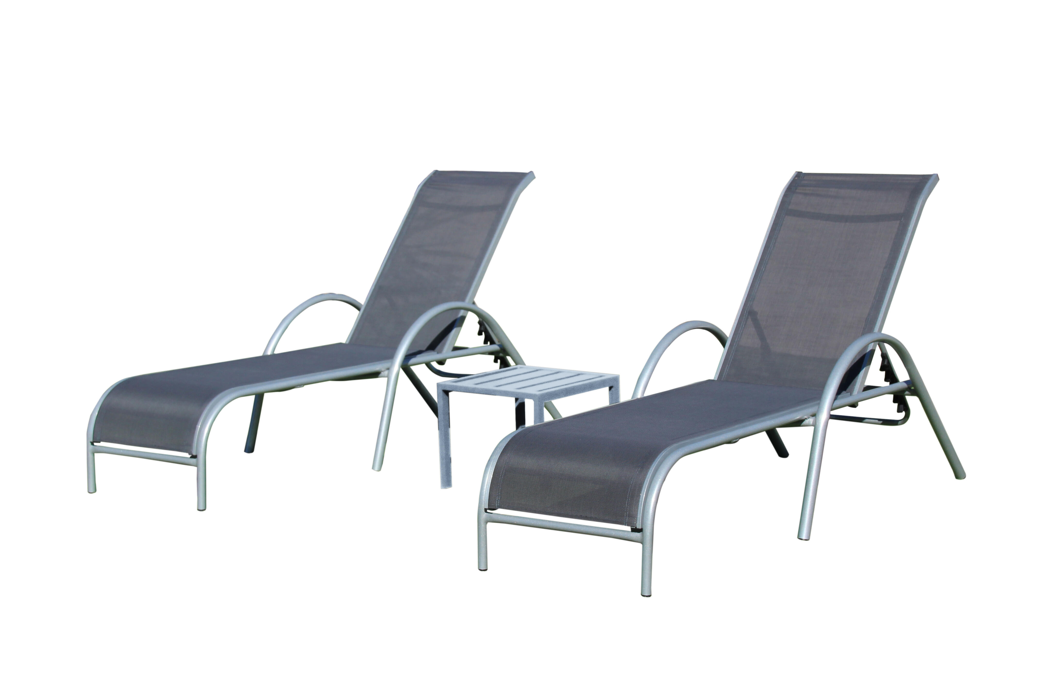 Tumbona sin cojín de jardín set de alumnio compuesto por 2 camas+mesa centro de aluminio negro, gris 61x106x160 cm