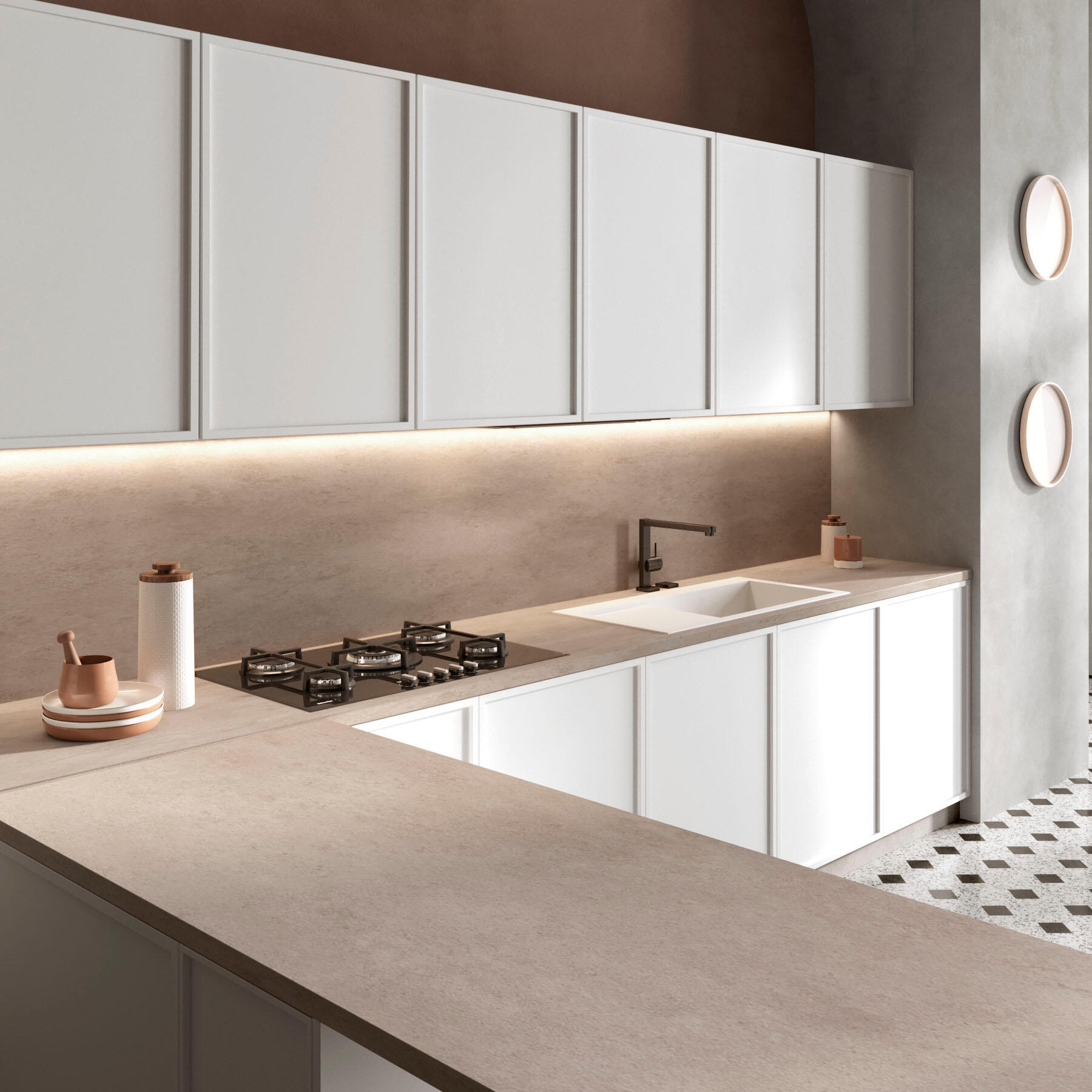 Piano cucina in truciolare rivestito in laminato hpl cemento beige Porfido L 304 x P 63 cm, spessore 3.8 cm - 2