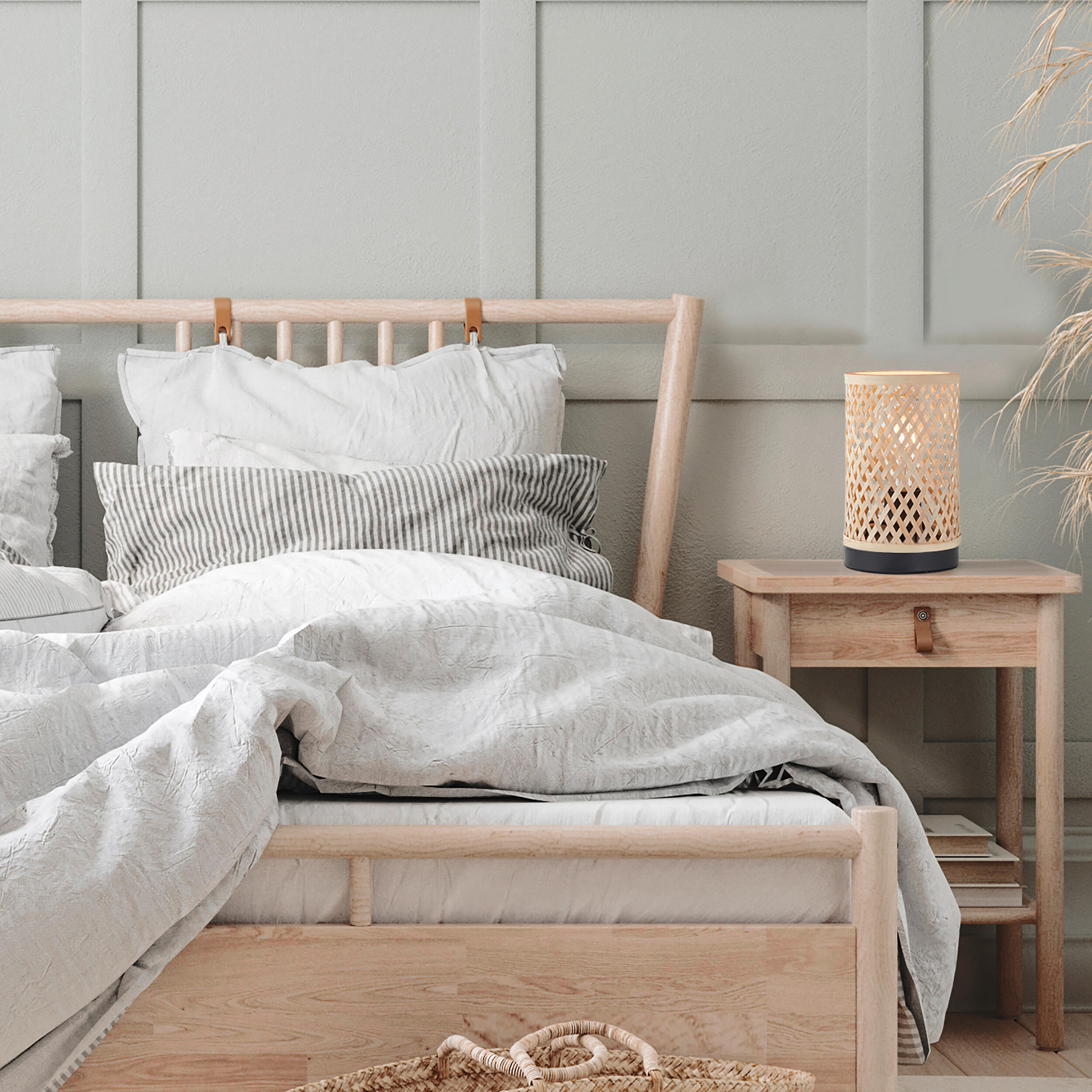 Lámpara de mesa compatible con casquillo E27 Ninon INSPIRE con estructura acero beige pantalla beige de bambú alimentación a red - 3