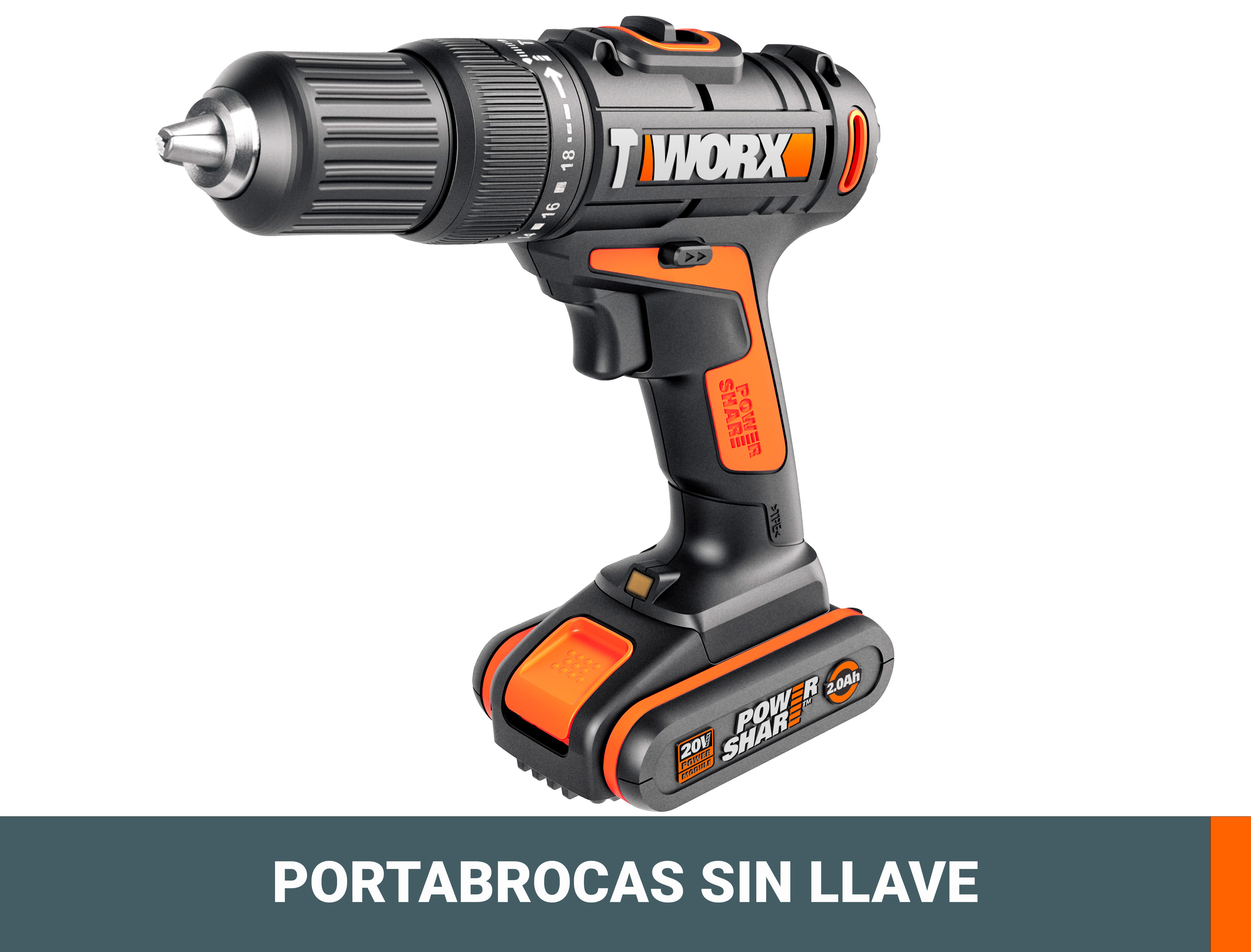 Taladro percutor a batería WORX 20V Brushless :2 Baterías de 20V / 2,0 Ah - Cargador rápido 1 hora, 1 Punta de atornillar doble, 1 estuche de 30pzs de brocas y puntas, 1 Clip de sujeción cinturón, Maletín de transporte - 6