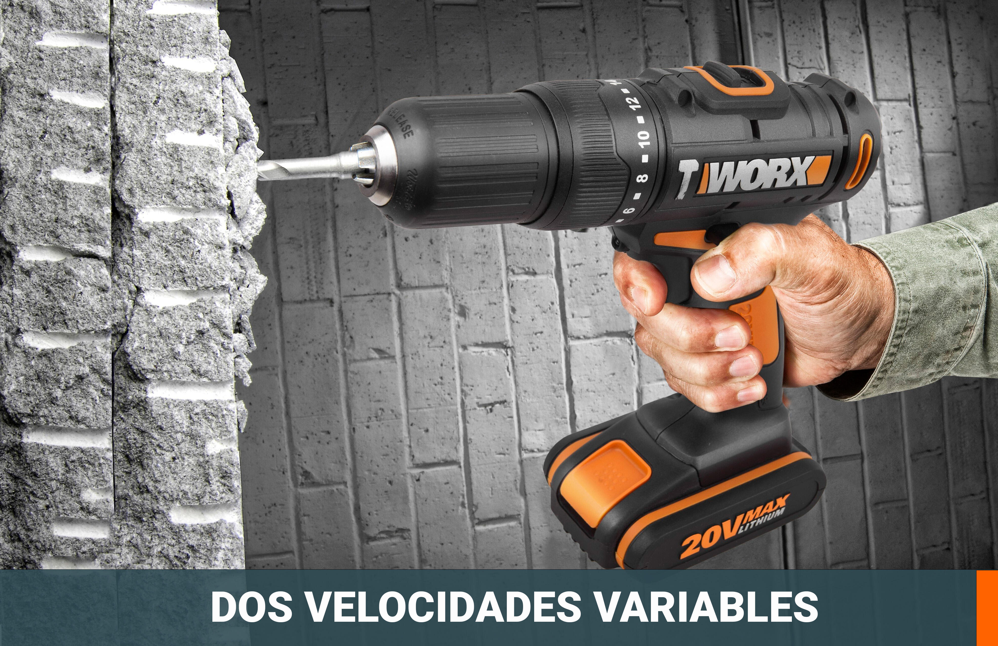 Taladro percutor a batería WORX 20V Brushless :2 Baterías de 20V / 2,0 Ah - Cargador rápido 1 hora, 1 Punta de atornillar doble, 1 estuche de 30pzs de brocas y puntas, 1 Clip de sujeción cinturón, Maletín de transporte - 5