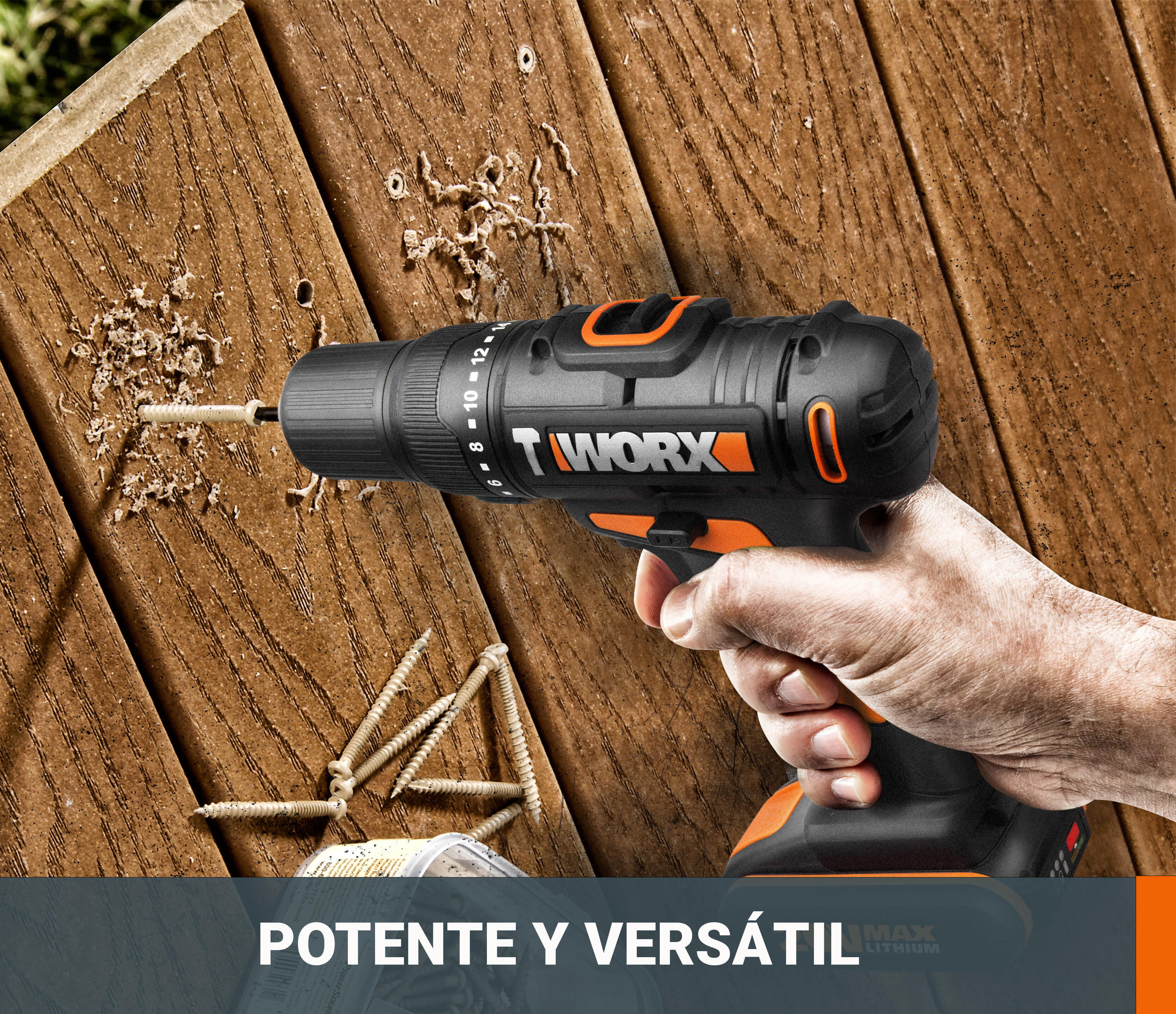 Taladro percutor a batería WORX 20V Brushless :2 Baterías de 20V / 2,0 Ah - Cargador rápido 1 hora, 1 Punta de atornillar doble, 1 estuche de 30pzs de brocas y puntas, 1 Clip de sujeción cinturón, Maletín de transporte - 4