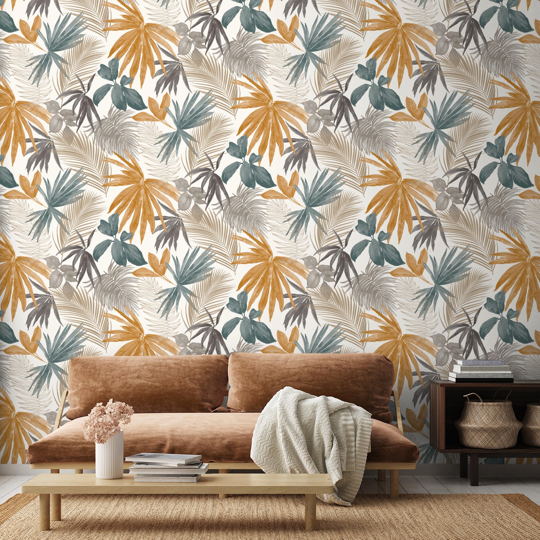 Papel pintado vinilo aplicación cola en pared Naturaleza Jungla tropical curry amarillo  GRANDECOLIFE 53cmx10.05m lavable - 7